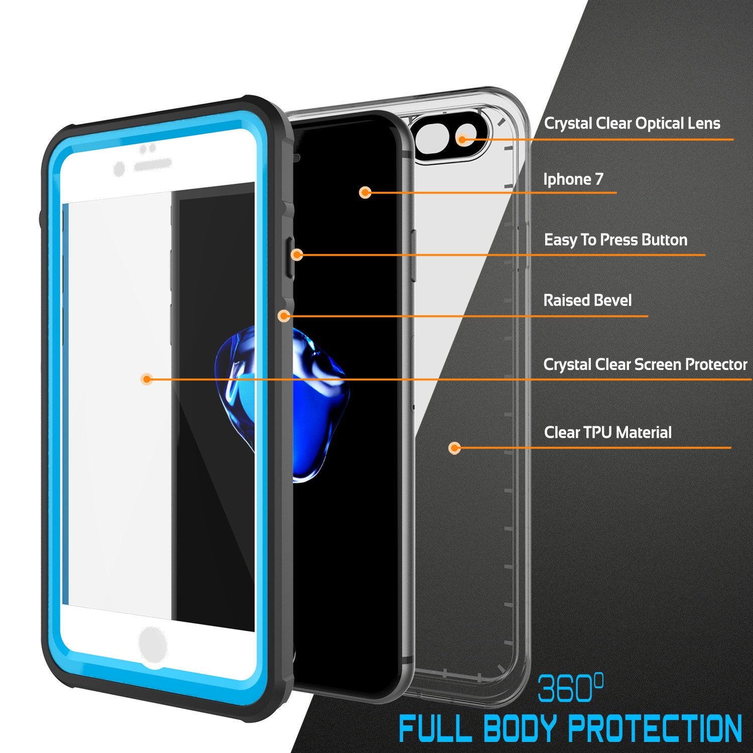 Apple iPhone 7 Waterproof Case, PUNKcase CRYSTAL Light Blue  W/ Attached Screen Protector  | Warranty - PunkCase NZ