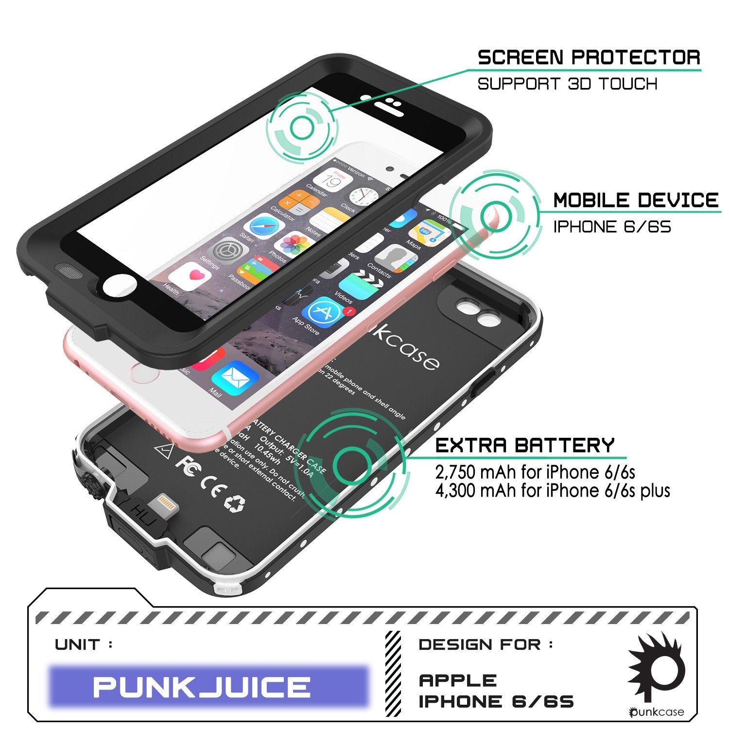 PunkJuice iPhone 6/6s Battery Case White Waterproof Power Juice Bank w/ 2750mAh  | Fastcharging - PunkCase NZ