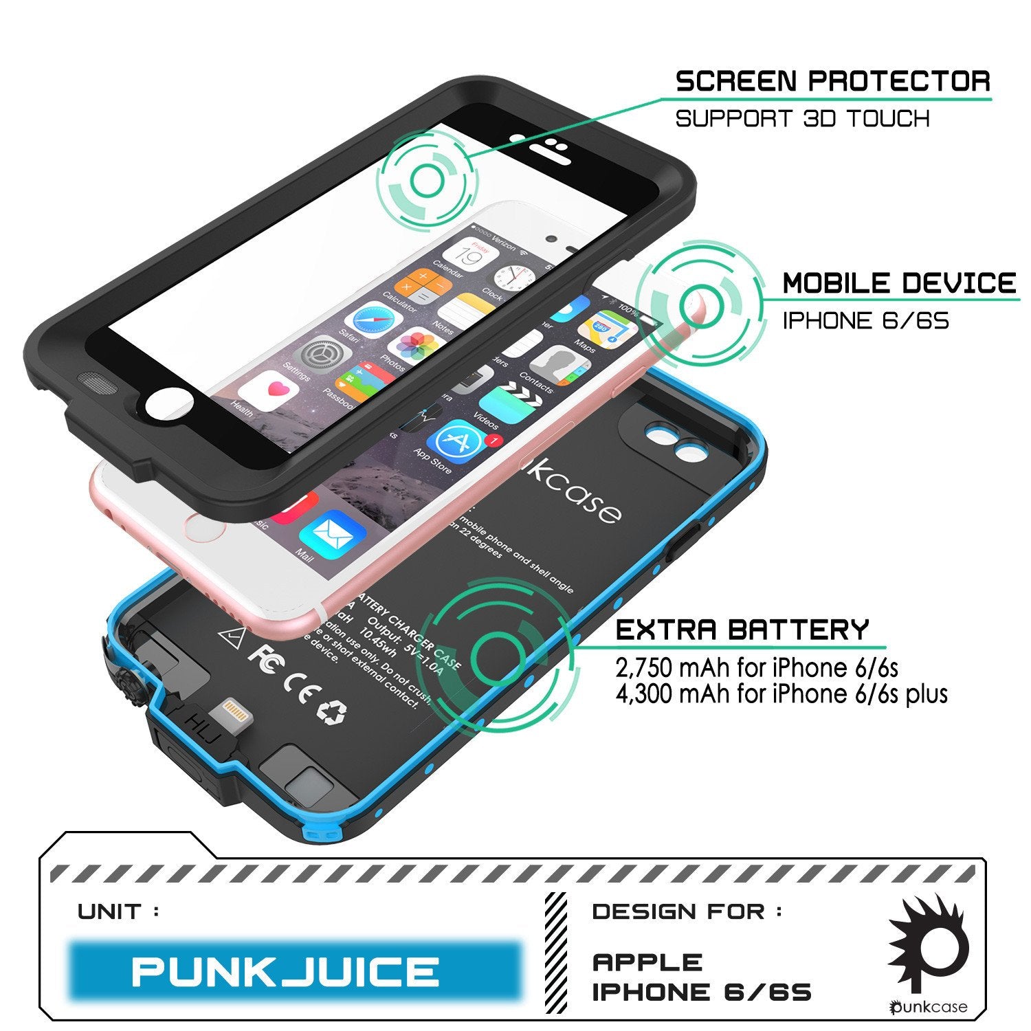 PunkJuice iPhone 6+ Plus/6s+ Plus Battery Case Light Blue - Waterproof Slim Juice Bank with 4300mAh - PunkCase NZ