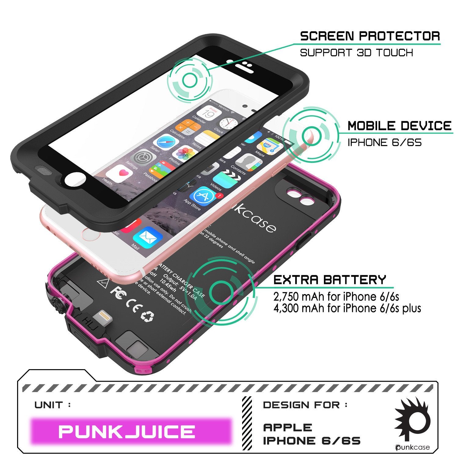 PunkJuice iPhone 6+ Plus/6s+ Plus Battery Case Pink - Waterproof Power Juice Bank w/ 4300mAh - PunkCase NZ