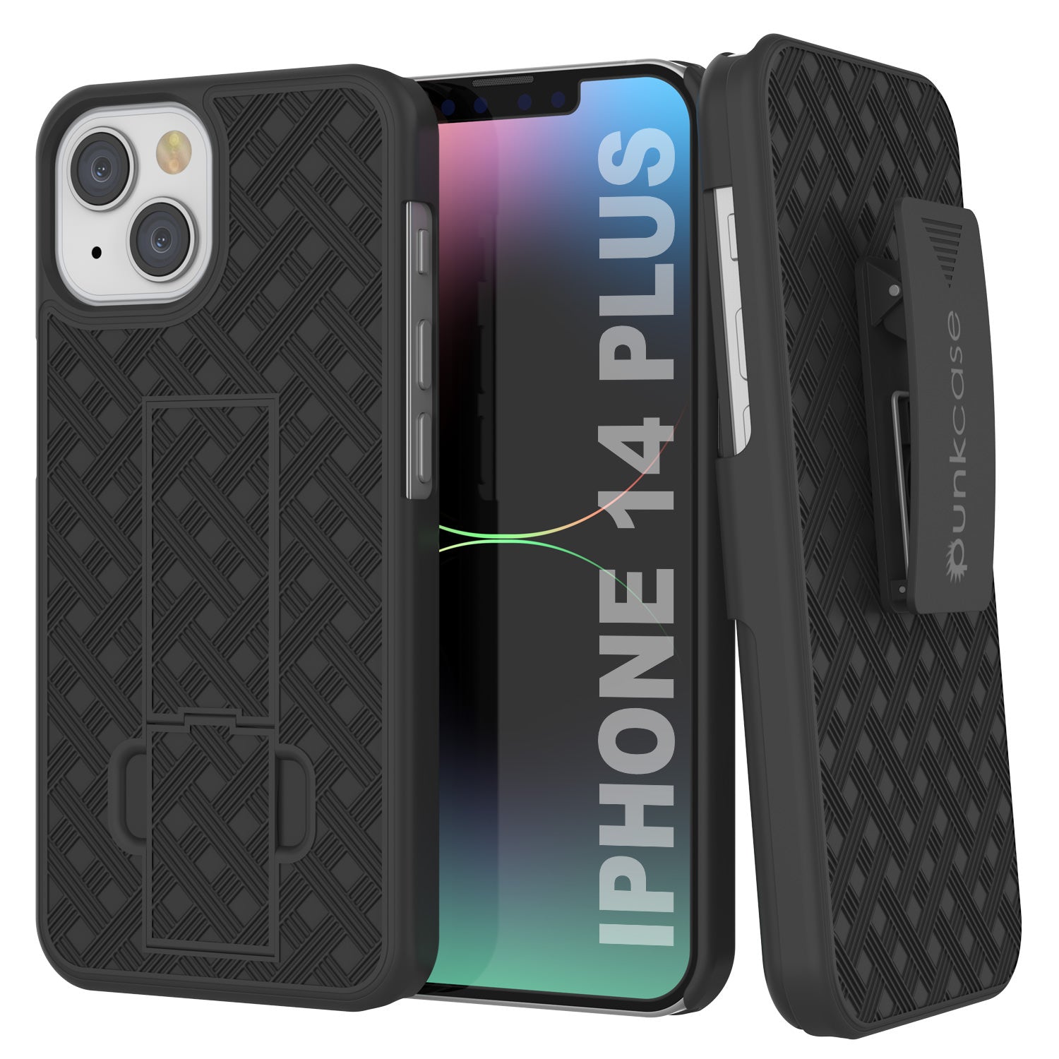 Punkcase iPhone 14 Plus Case With Tempered Glass Screen Protector, Holster Belt Clip & Built-In Kickstand [Black]