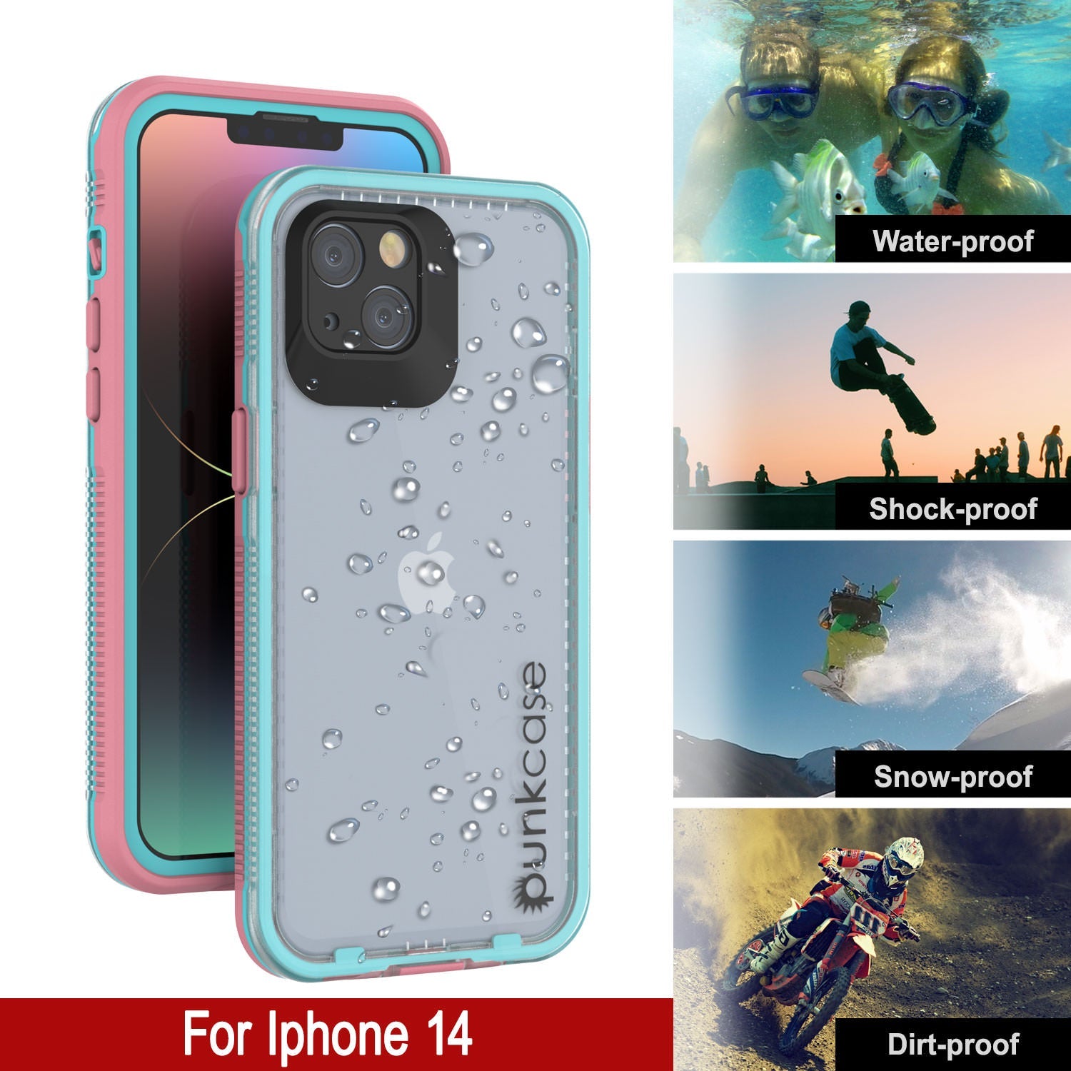 Punkcase iPhone 14 Waterproof Case [Aqua Series] Armor Cover [Clear Pink] [Clear Back]