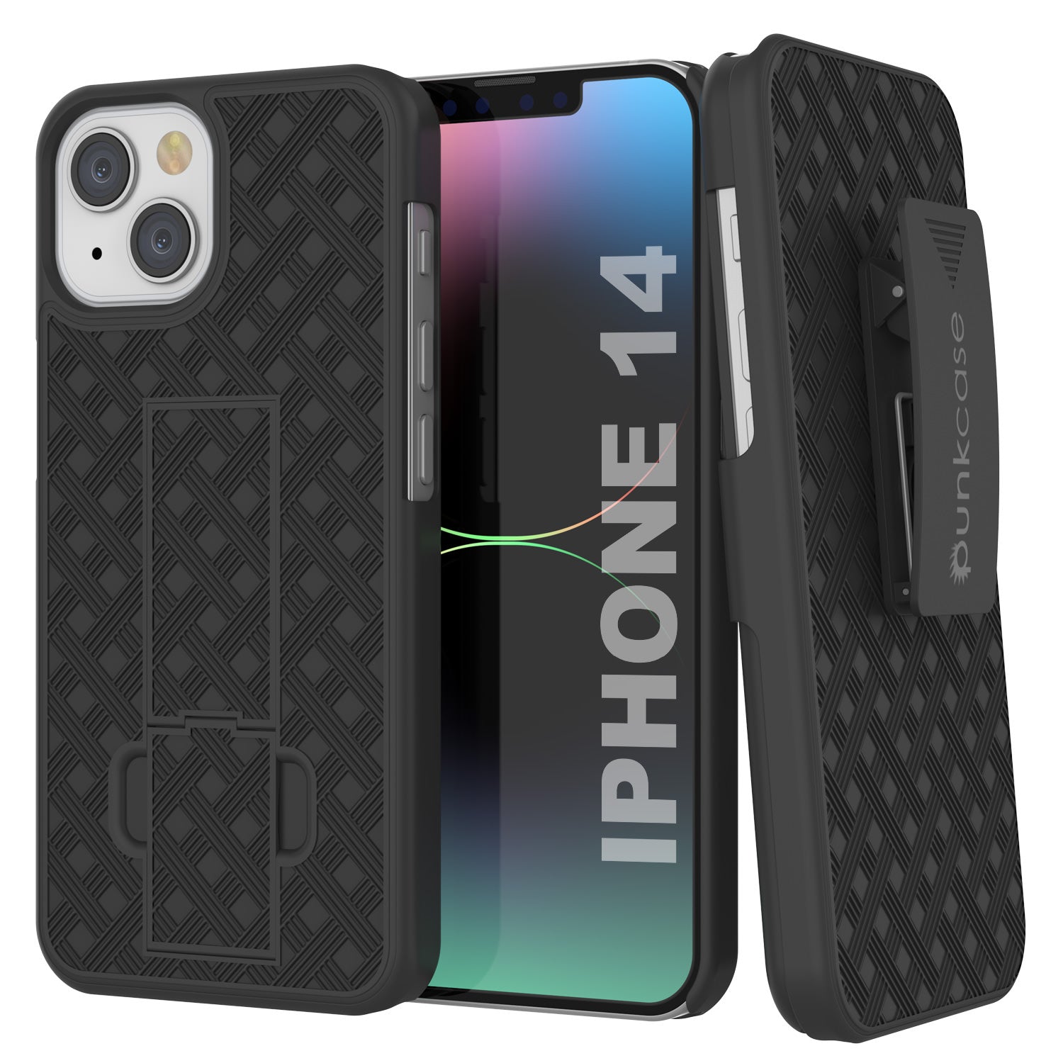 Punkcase iPhone 14 Case With Tempered Glass Screen Protector, Holster Belt Clip & Built-In Kickstand [Black]