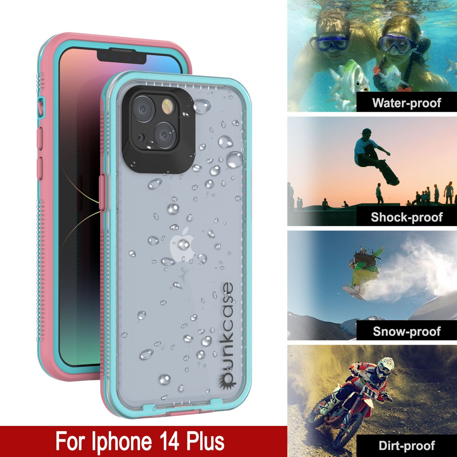 Punkcase iPhone 14 Plus Waterproof Case [Aqua Series] Armor Cover [Clear Pink] [Clear Back]