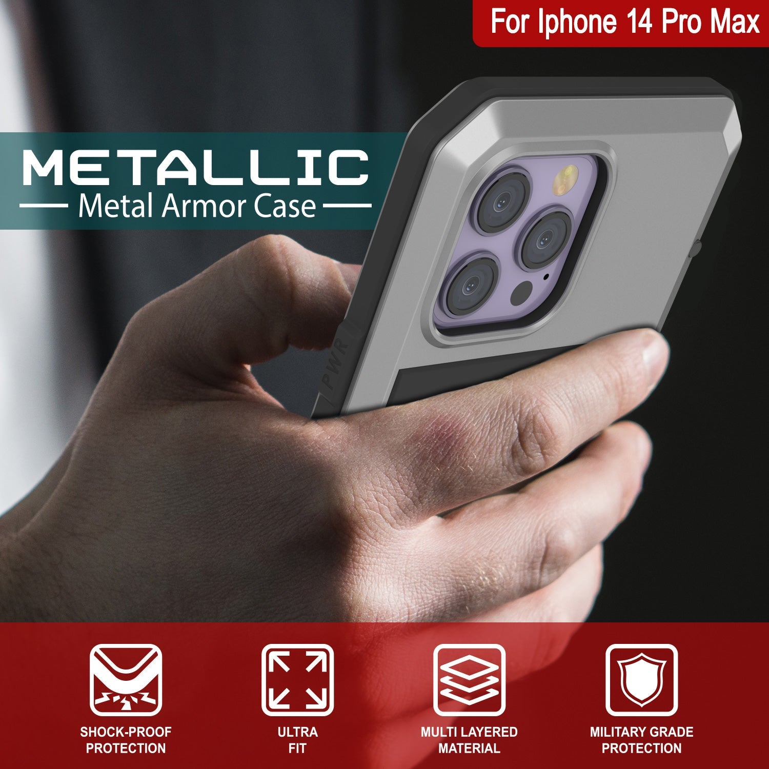 iPhone 14 Pro Max Metal Case, Heavy Duty Military Grade Armor Cover [shock proof] Full Body Hard [Silver]