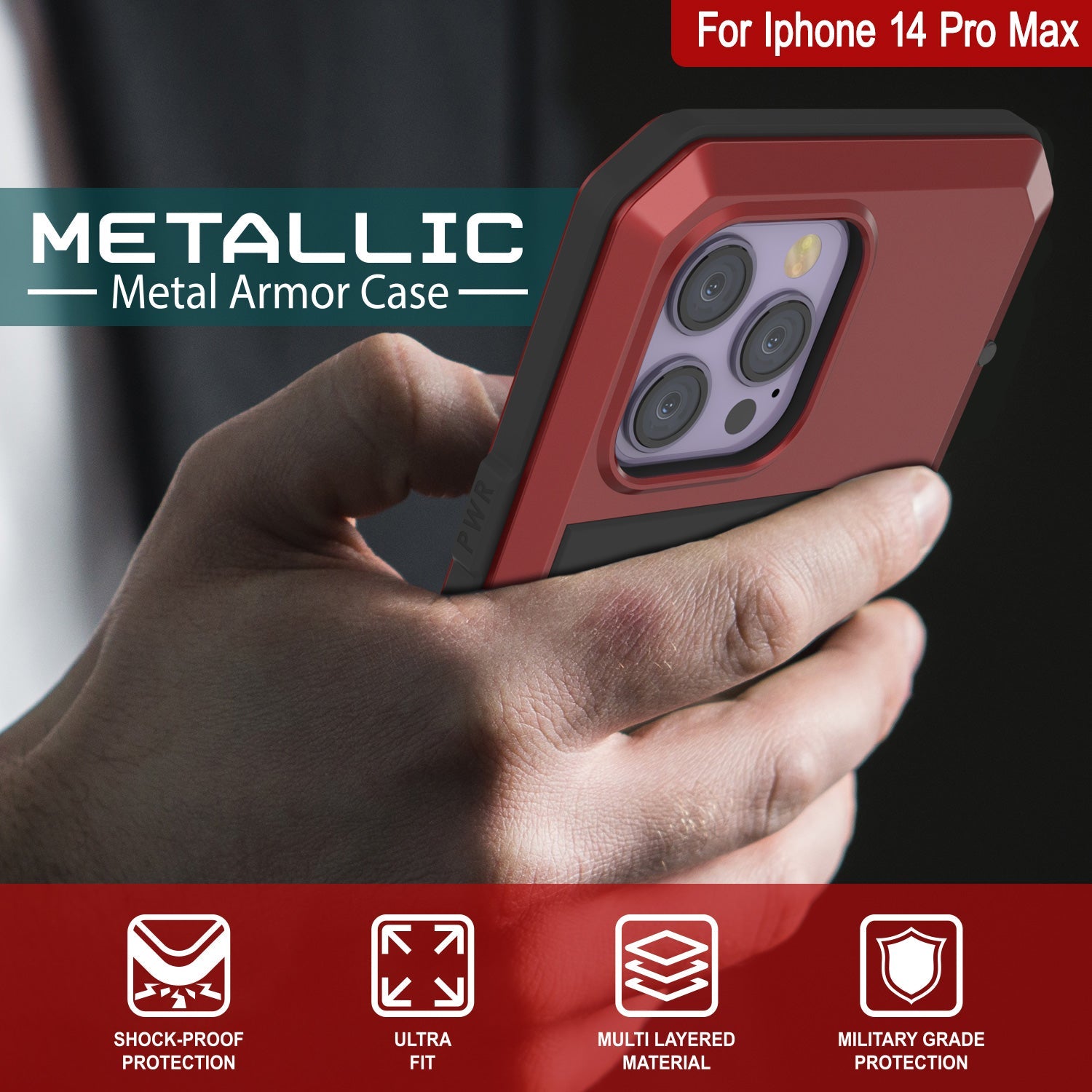 iPhone 14 Pro Max Metal Case, Heavy Duty Military Grade Armor Cover [shock proof] Full Body Hard [Red]