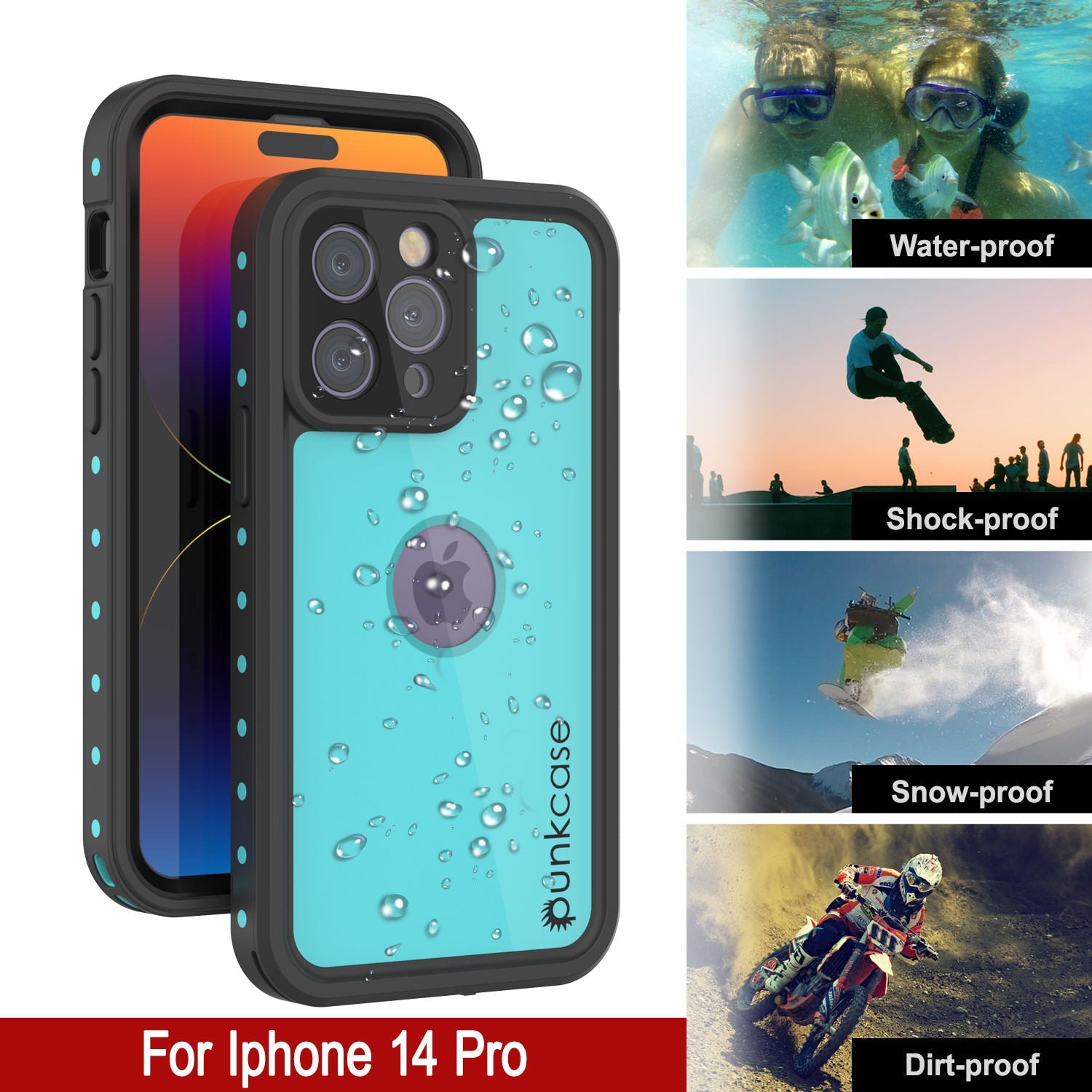 iPhone 14 Pro Waterproof IP68 Case, Punkcase [Teal] [StudStar Series] [Slim Fit]