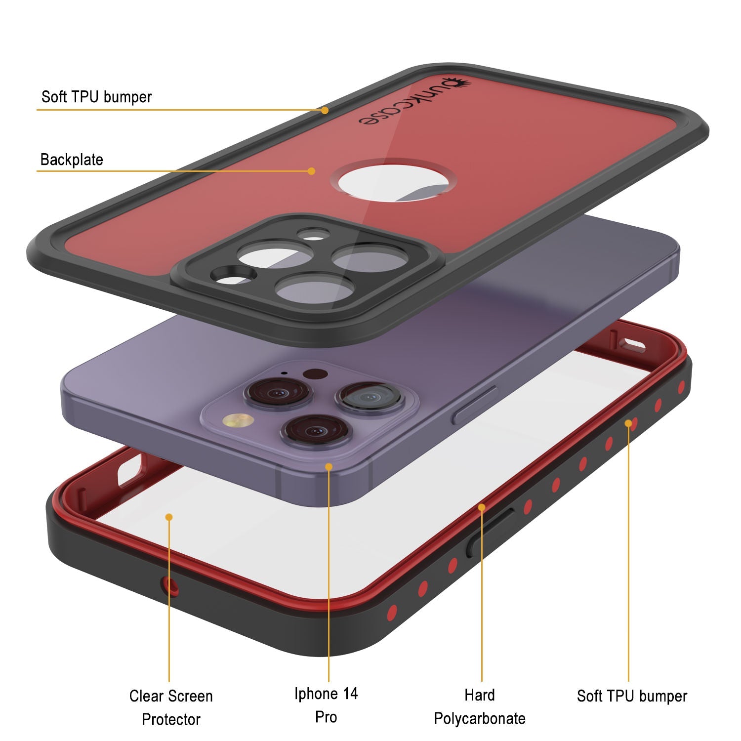 iPhone 14 Pro Waterproof IP68 Case, Punkcase [Red] [StudStar Series] [Slim Fit]