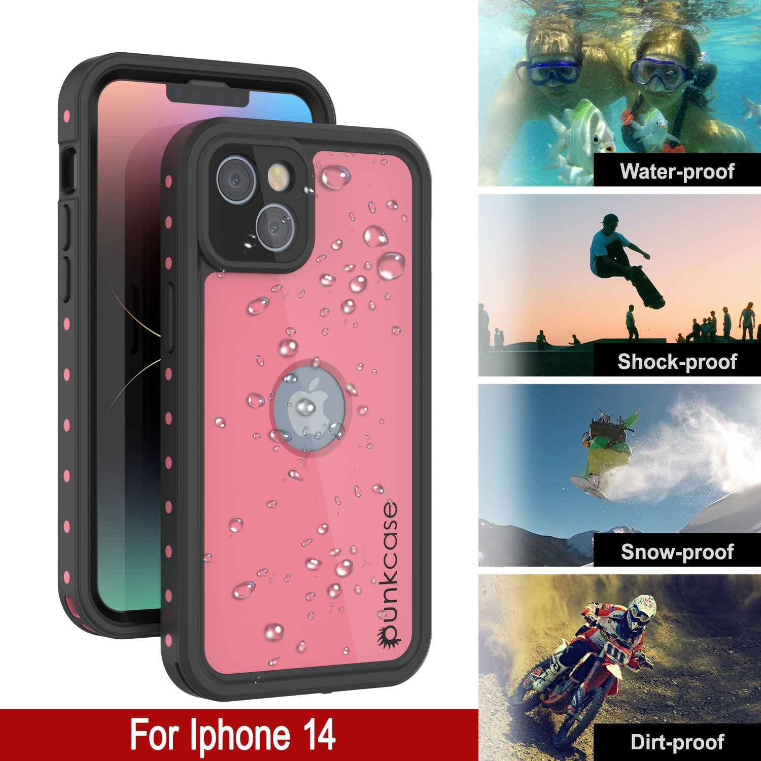 iPhone 14 Waterproof IP68 Case, Punkcase [Pink] [StudStar Series] [Slim Fit] [Dirtproof]