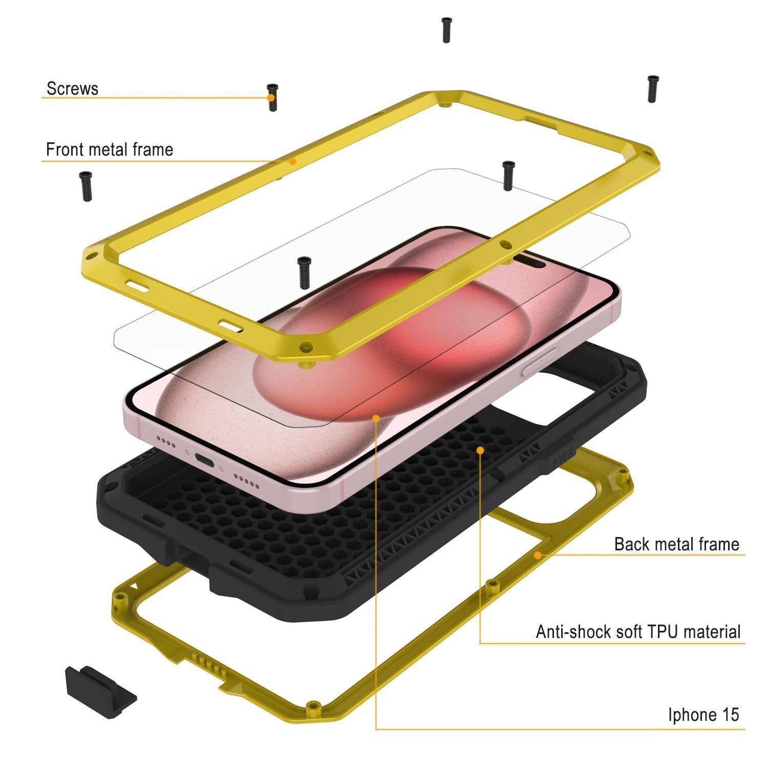 iPhone 15 Metal Case, Heavy Duty Military Grade Armor Cover [shock proof] Full Body Hard [Yellow]