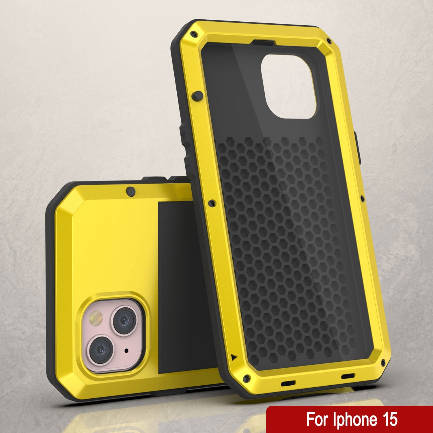 iPhone 15 Metal Case, Heavy Duty Military Grade Armor Cover [shock proof] Full Body Hard [Yellow]