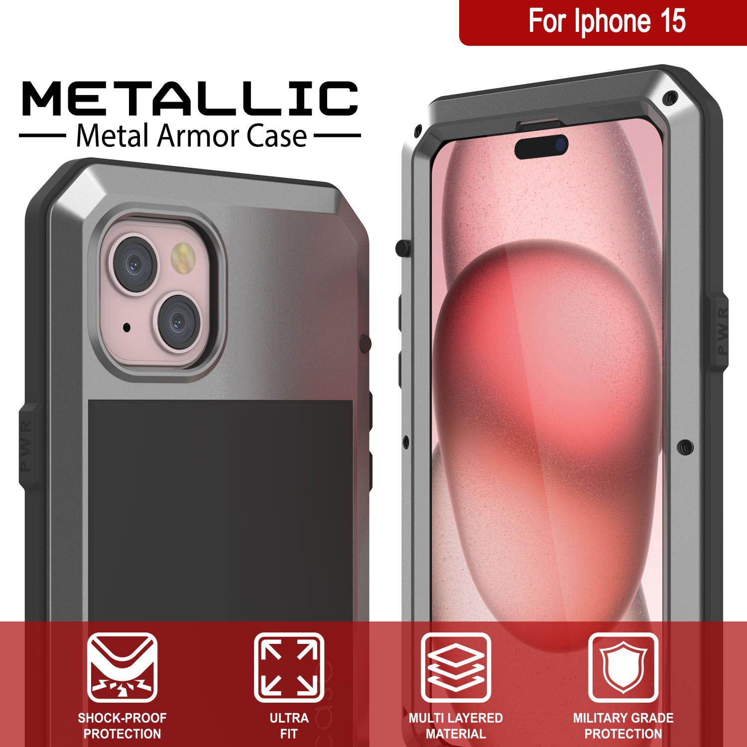 iPhone 15 Metal Case, Heavy Duty Military Grade Armor Cover [shock proof] Full Body Hard [Silver]