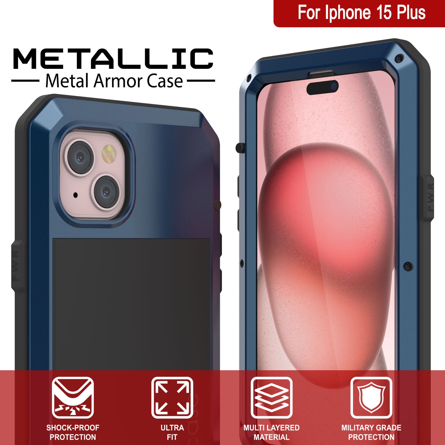 iPhone 15 Plus Metal Case, Heavy Duty Military Grade Armor Cover [shock proof] Full Body Hard [Blue]