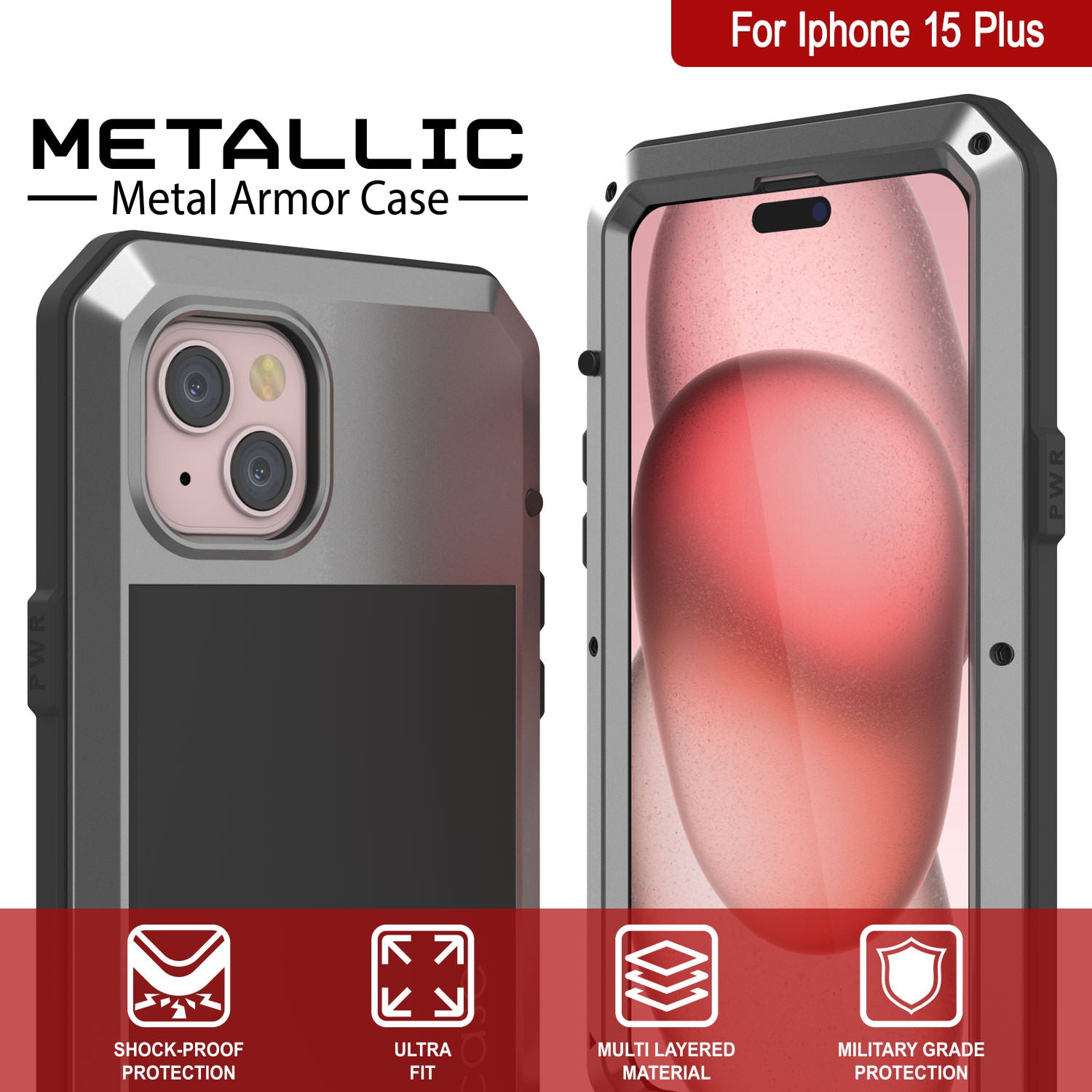 iPhone 15 Plus Metal Case, Heavy Duty Military Grade Armor Cover [shock proof] Full Body Hard [Silver]