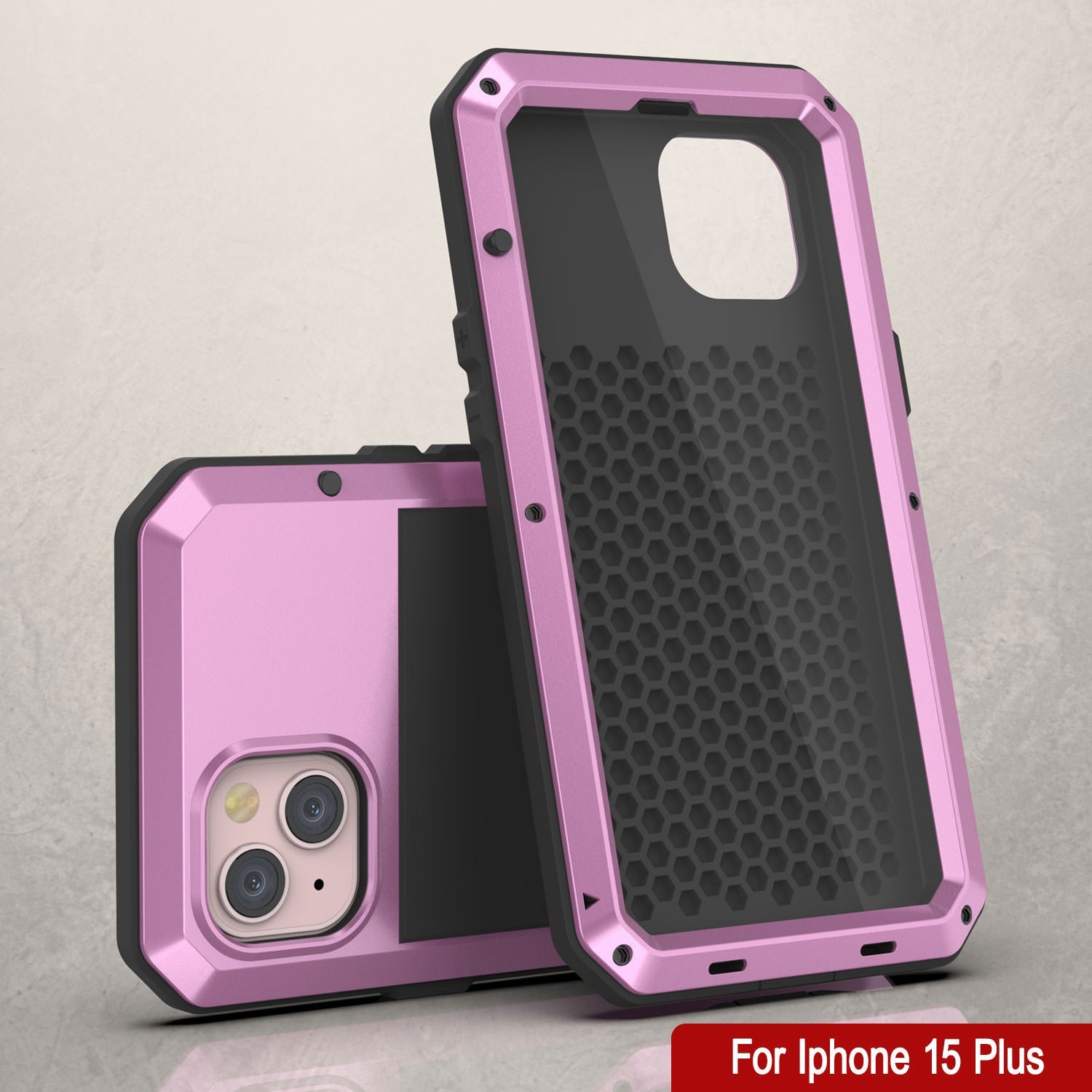 iPhone 15 Plus Metal Case, Heavy Duty Military Grade Armor Cover [shock proof] Full Body Hard [Pink]