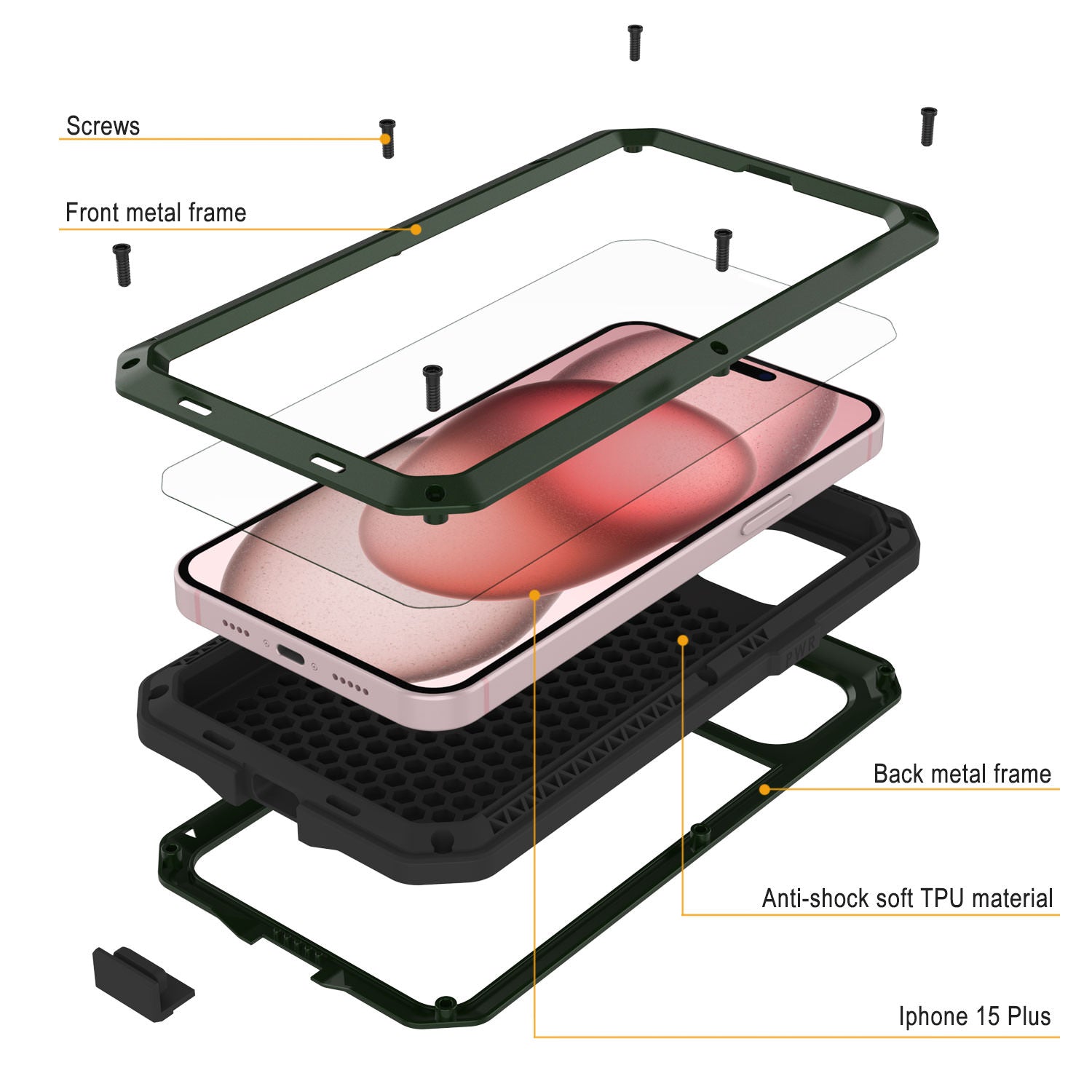 iPhone 15 Plus Metal Case, Heavy Duty Military Grade Armor Cover [shock proof] Full Body Hard [Dark Green]