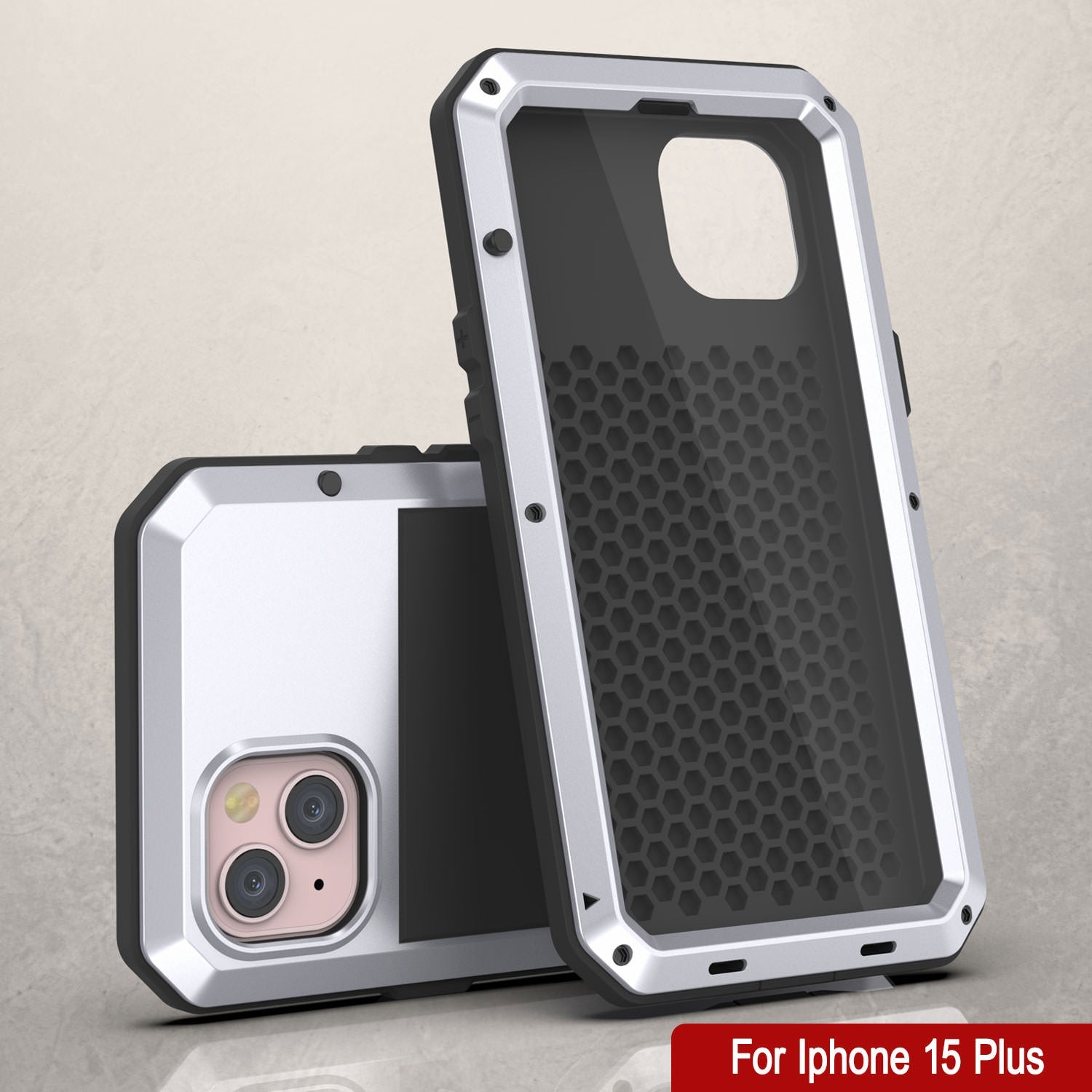 iPhone 15 Plus Metal Case, Heavy Duty Military Grade Armor Cover [shock proof] Full Body Hard [White]