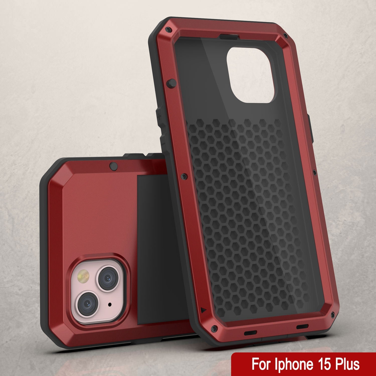 iPhone 15 Plus Metal Case, Heavy Duty Military Grade Armor Cover [shock proof] Full Body Hard [Red]