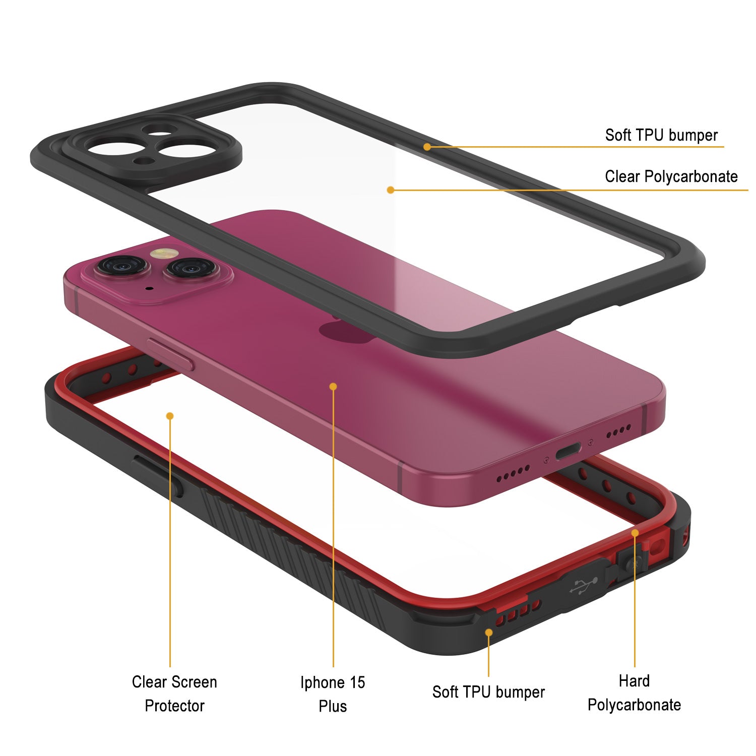 iPhone 15 Plus Waterproof Case, Punkcase [Extreme Series] Armor Cover W/ Built In Screen Protector [Red]