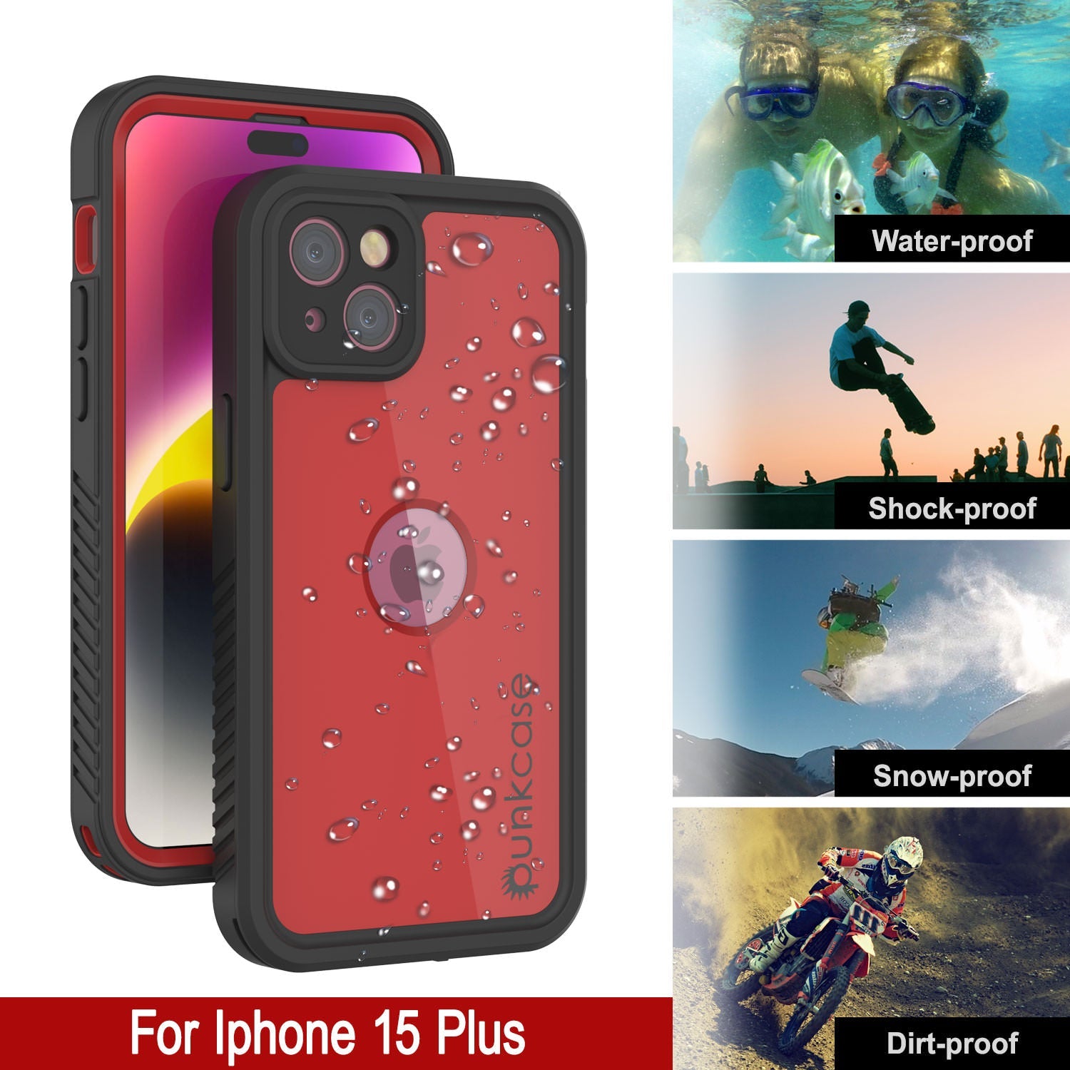 iPhone 15 Plus Waterproof IP68 Case, Punkcase [Red] [StudStar Series] [Slim Fit]