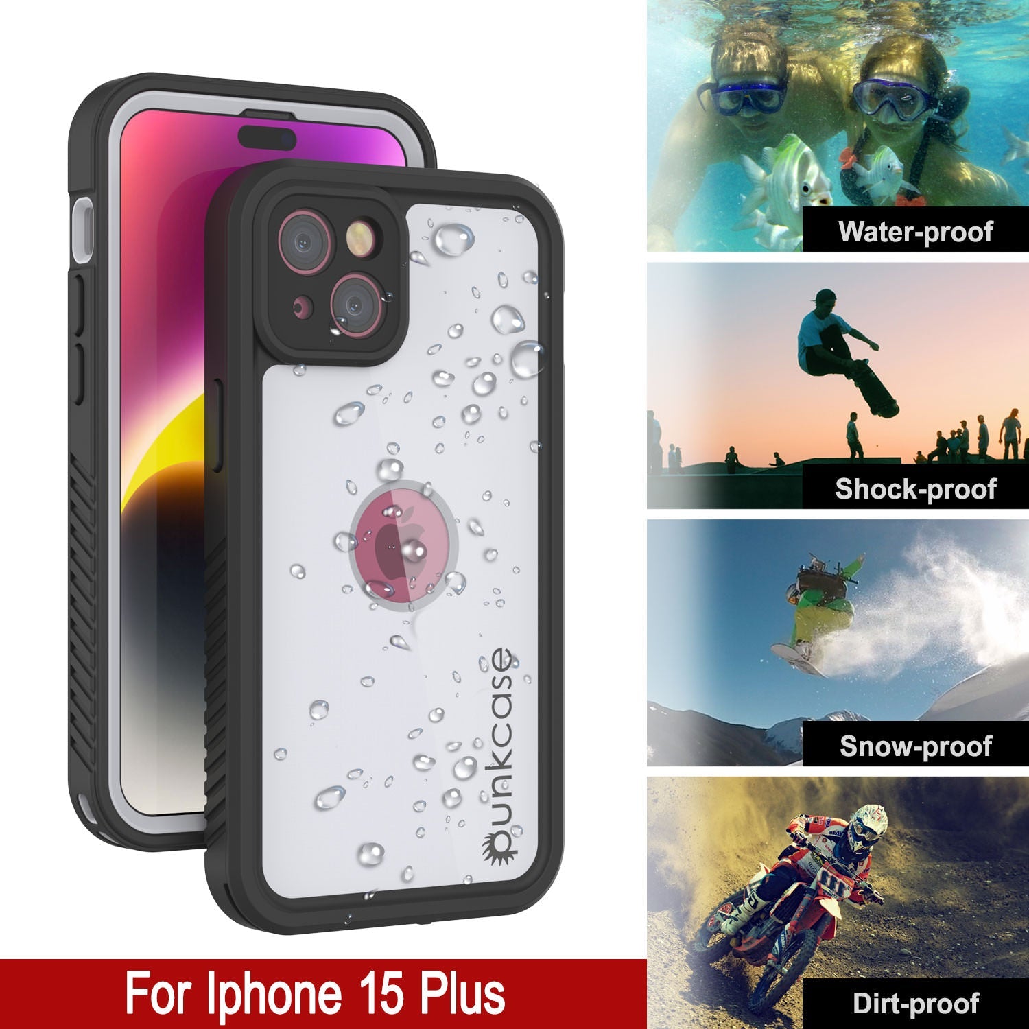 iPhone 15 Plus Waterproof IP68 Case, Punkcase [White] [StudStar Series] [Slim Fit] [Dirtproof]