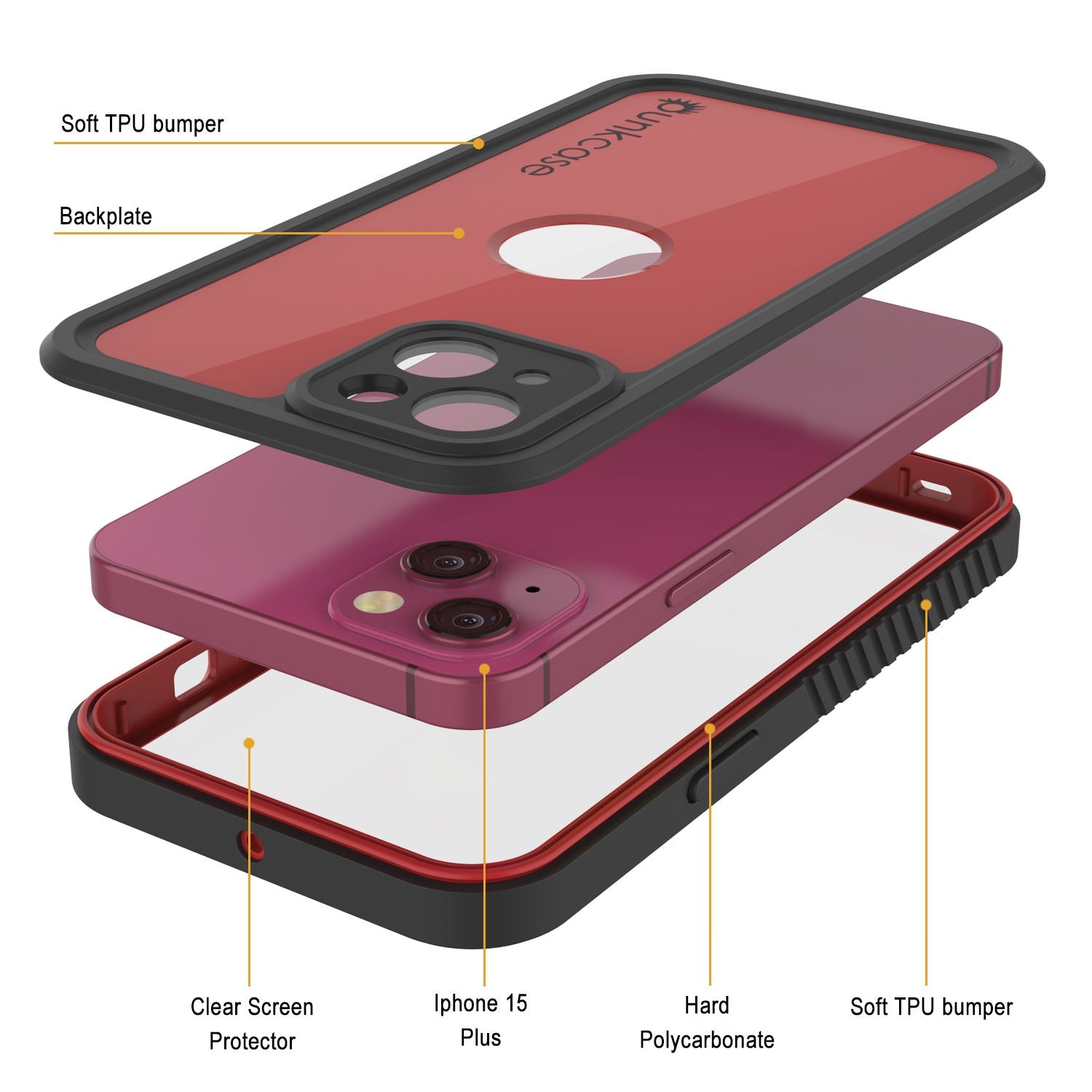 iPhone 15 Plus Waterproof IP68 Case, Punkcase [Red] [StudStar Series] [Slim Fit]
