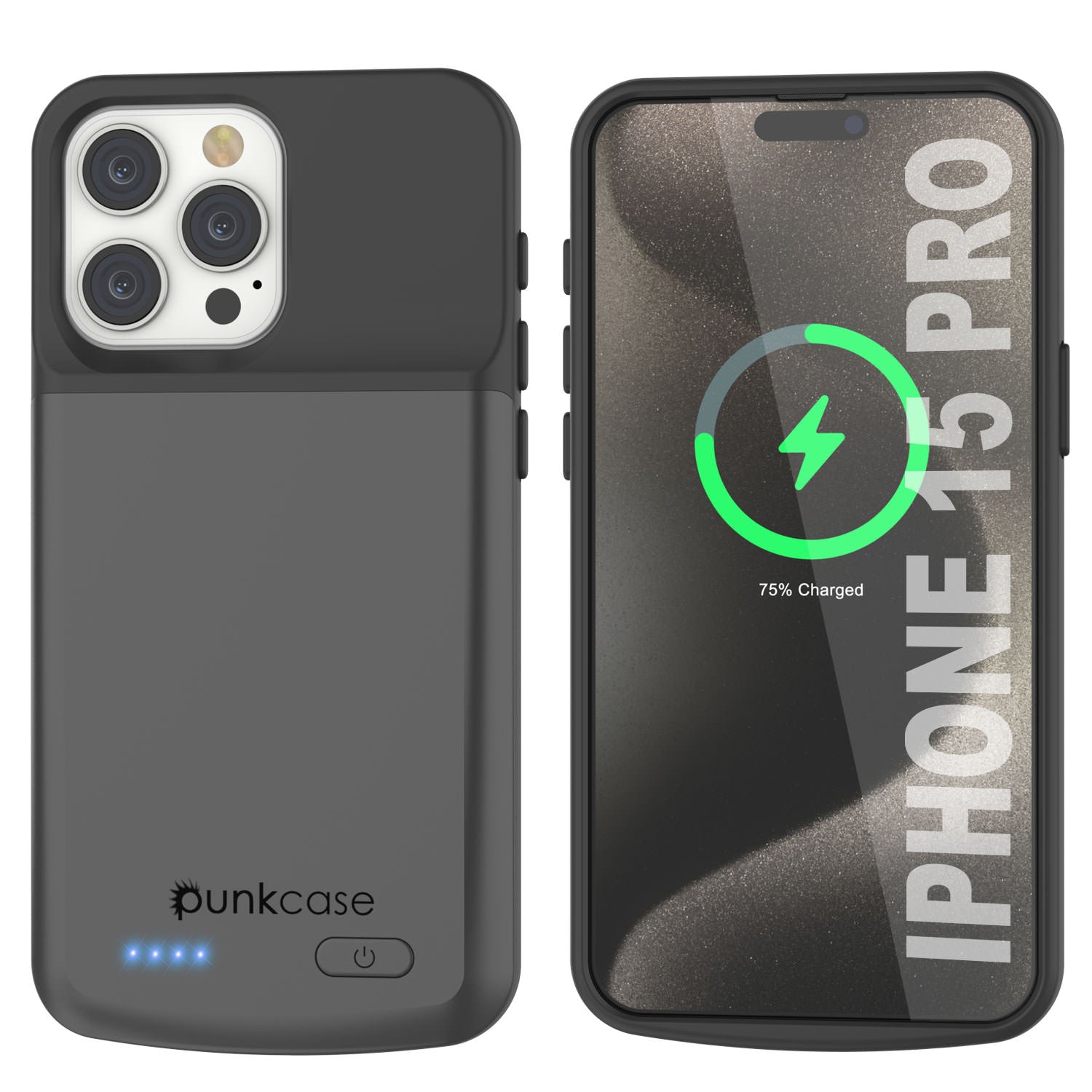 iPhone 15 Pro Battery Case, PunkJuice 5000mAH Fast Charging Power Bank W/ Screen Protector | [Grey]