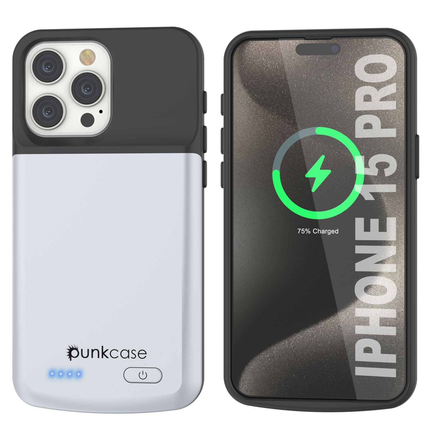 iPhone 15 Pro Battery Case, PunkJuice 5000mAH Fast Charging Power Bank W/ Screen Protector | [White]