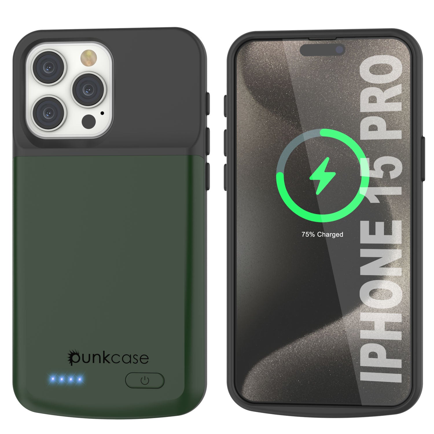 iPhone 15 Pro Battery Case, PunkJuice 5000mAH Fast Charging Power Bank W/ Screen Protector | [Green]