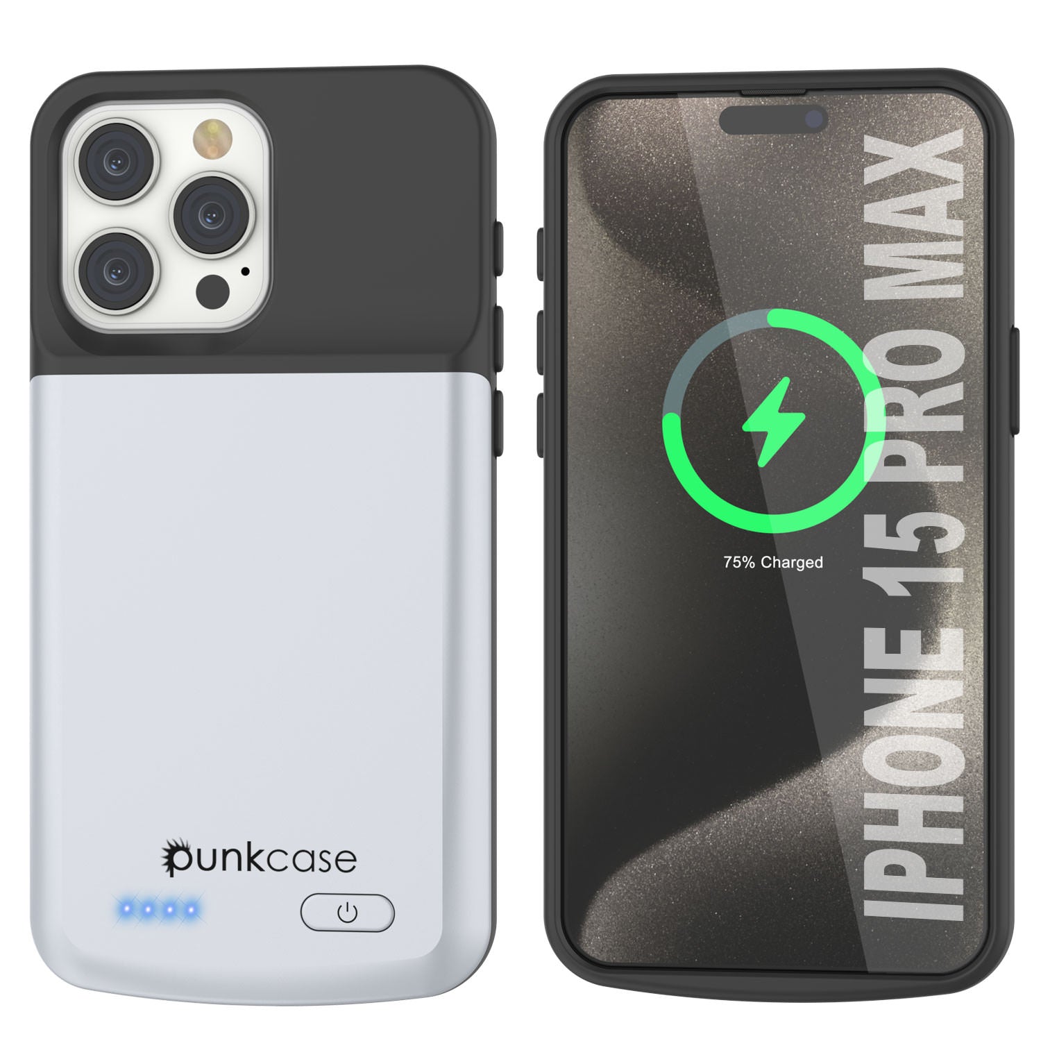 iPhone 15 Pro Max Battery Case, PunkJuice 5000mAH Fast Charging Power Bank W/ Screen Protector | [White]