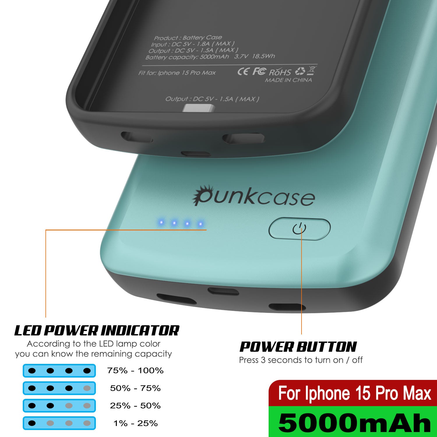 iPhone 15 Pro Max Battery Case, PunkJuice 5000mAH Fast Charging Power Bank W/ Screen Protector | [Teal]