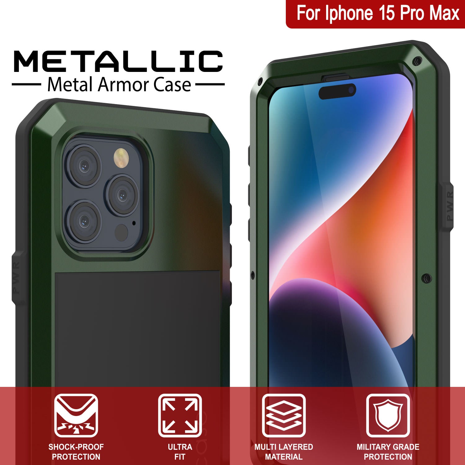 iPhone 15 Pro Max Metal Case, Heavy Duty Military Grade Armor Cover [shock proof] Full Body Hard [Dark Green]