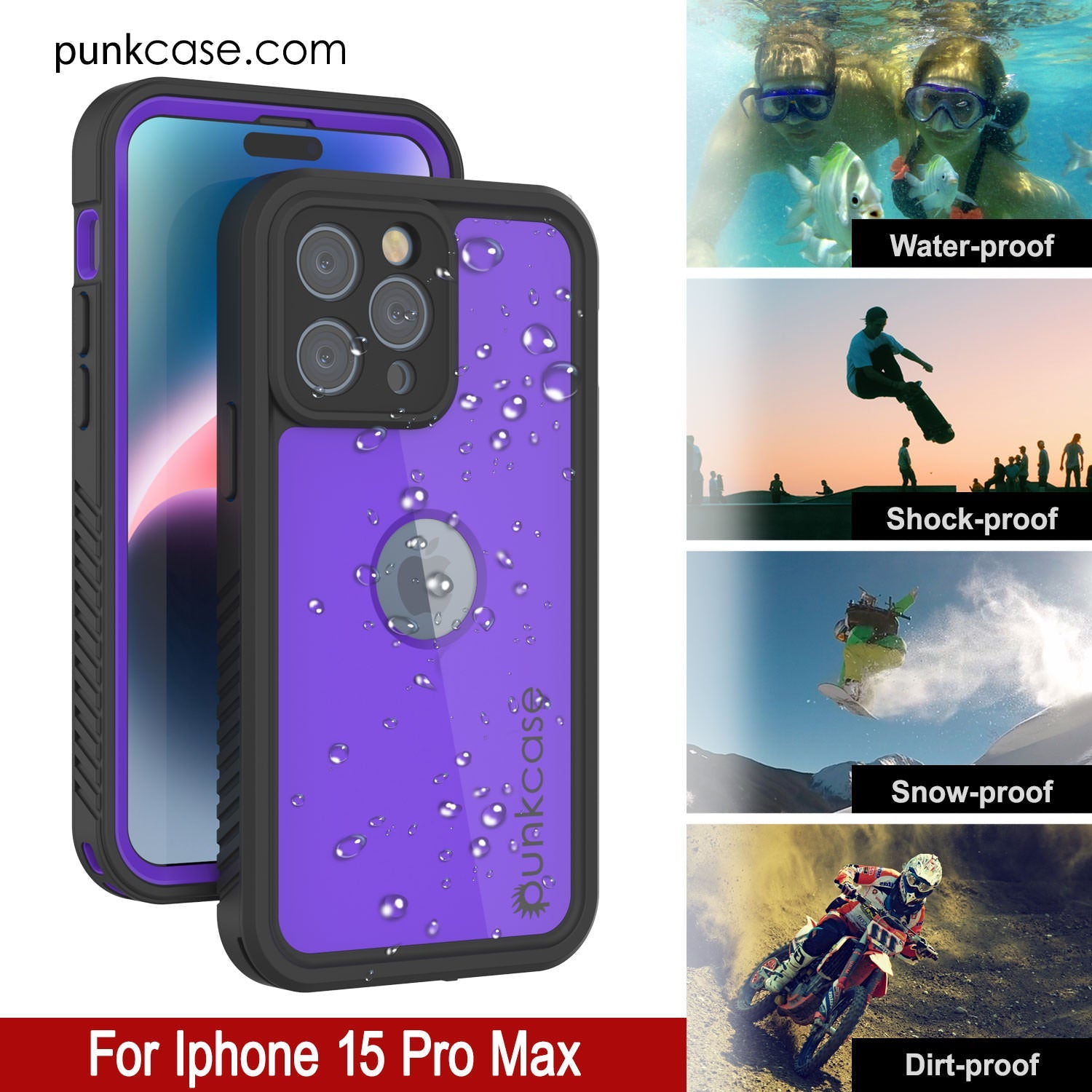 iPhone 15 Pro Max Waterproof IP68 Case, Punkcase [Purple] [StudStar Series] [Slim Fit] [Dirtproof]