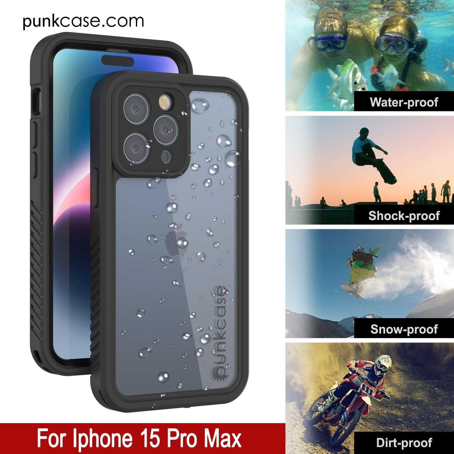 iPhone 15 Pro Max Waterproof IP68 Case, Punkcase [Clear] [StudStar Series] [Slim Fit] [Dirtproof]