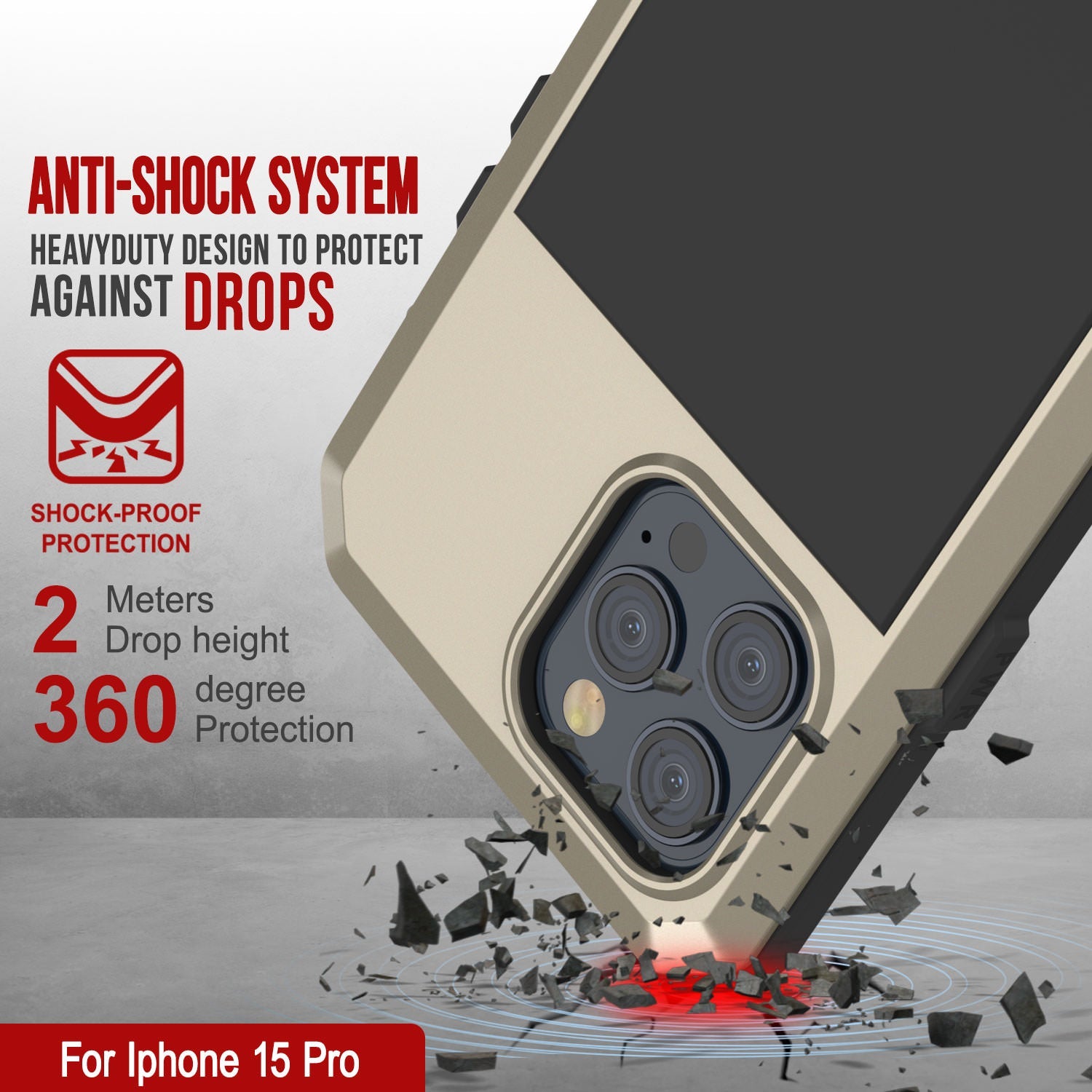 iPhone 15 Pro Metal Case, Heavy Duty Military Grade Armor Cover [shock proof] Full Body Hard [Gold]