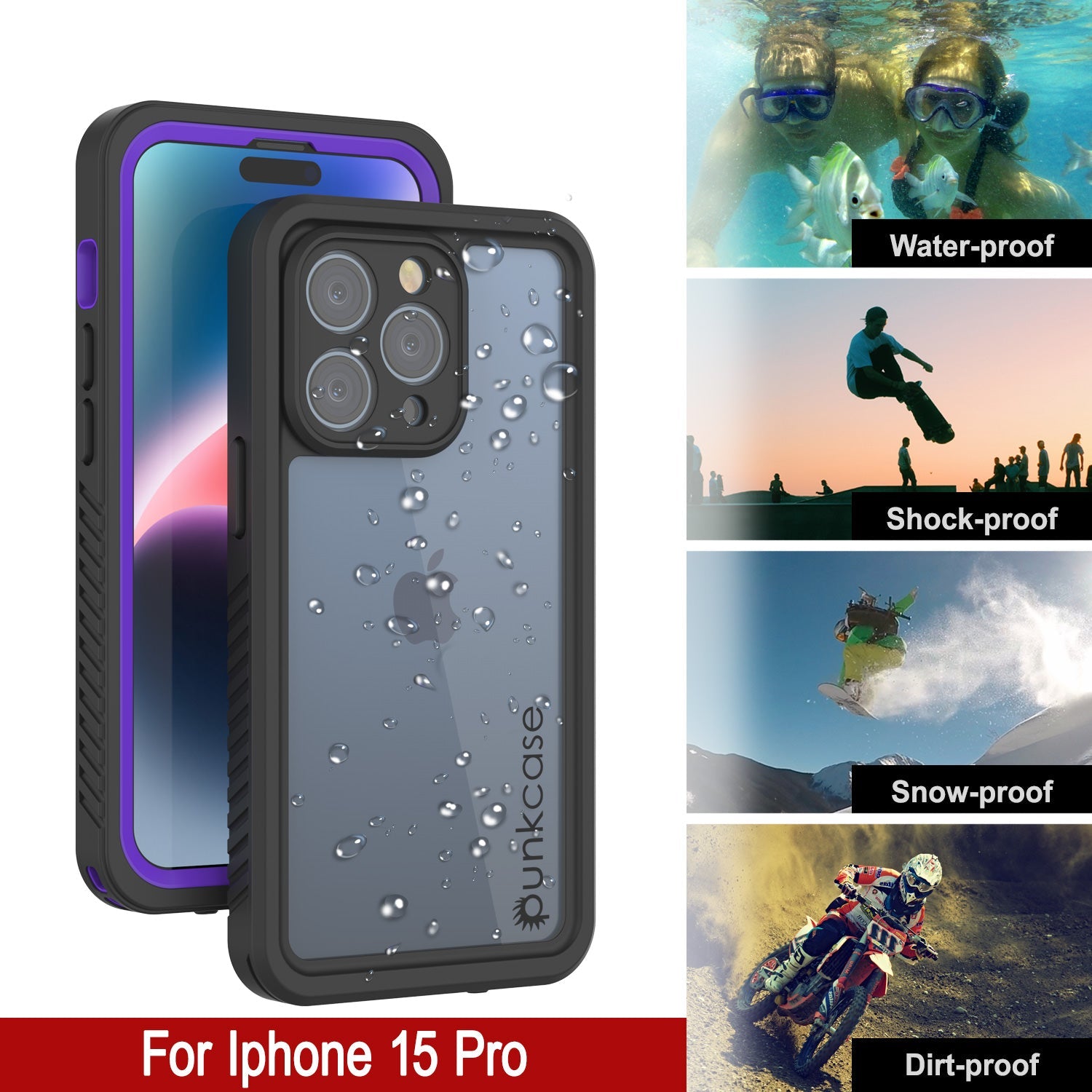 iPhone 15 Pro Waterproof Case, Punkcase [Extreme Series] Armor Cover W/ Built In Screen Protector [Purple]