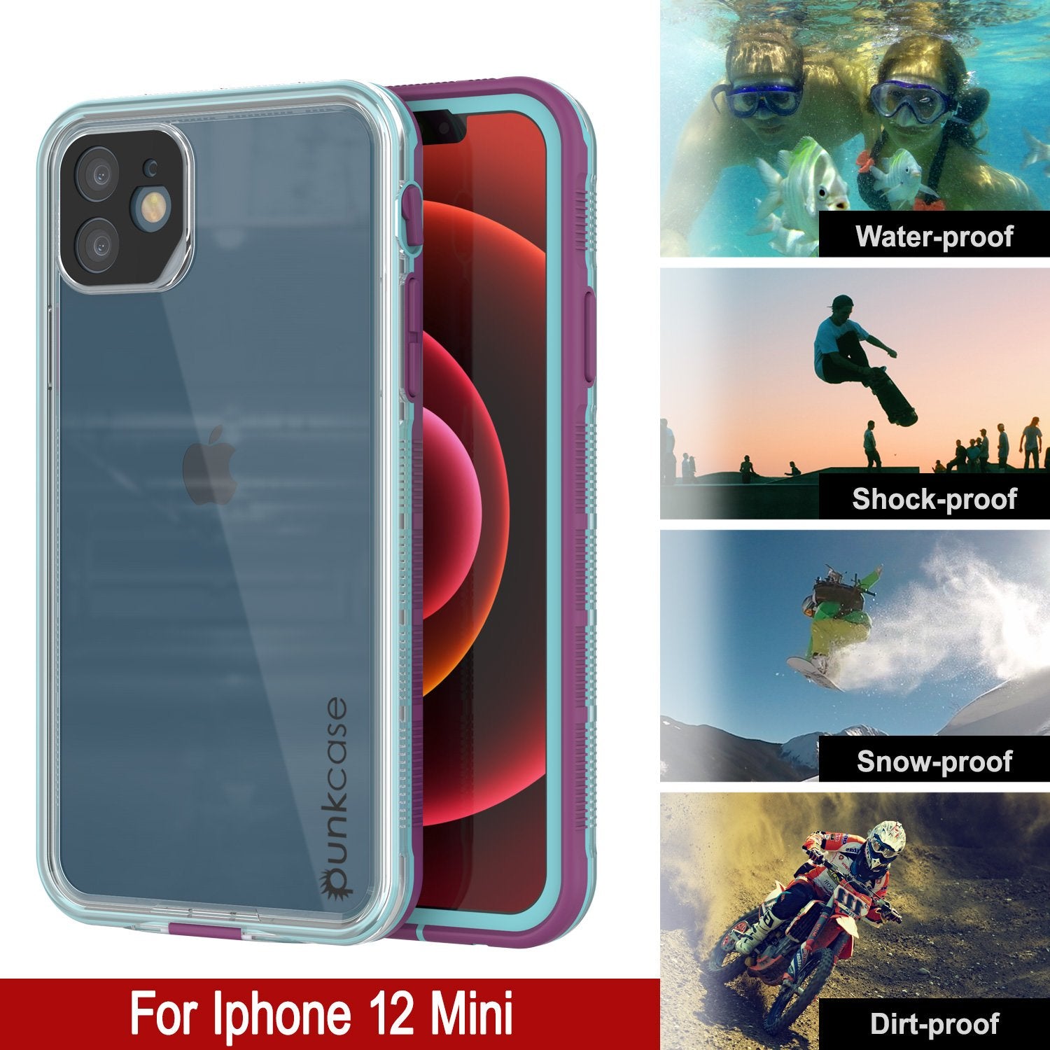 Punkcase iPhone 12 Mini Waterproof Case [Aqua Series] Armor Cover [Clear Purple] [Clear Back]