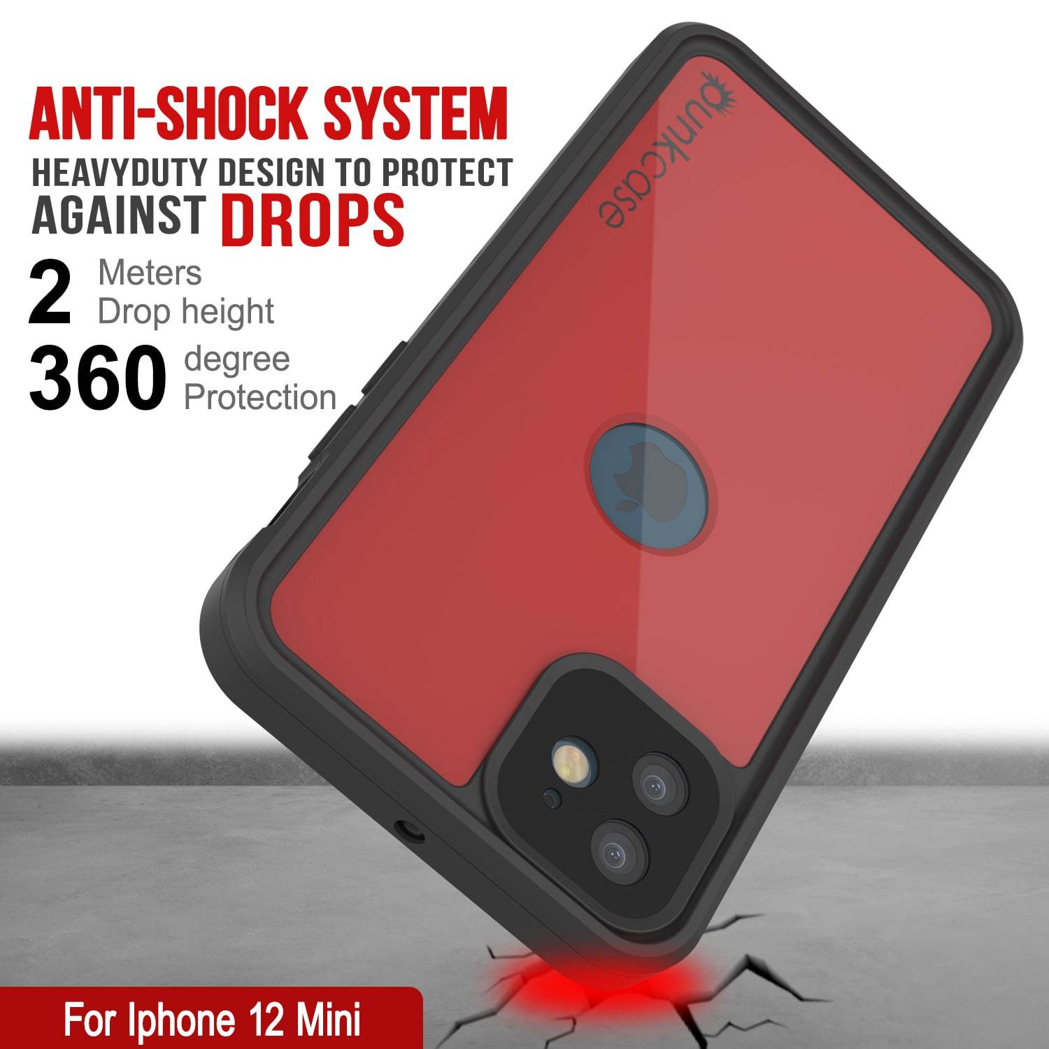 iPhone 12 Mini Waterproof IP68 Case, Punkcase [Red] [StudStar Series] [Slim Fit]
