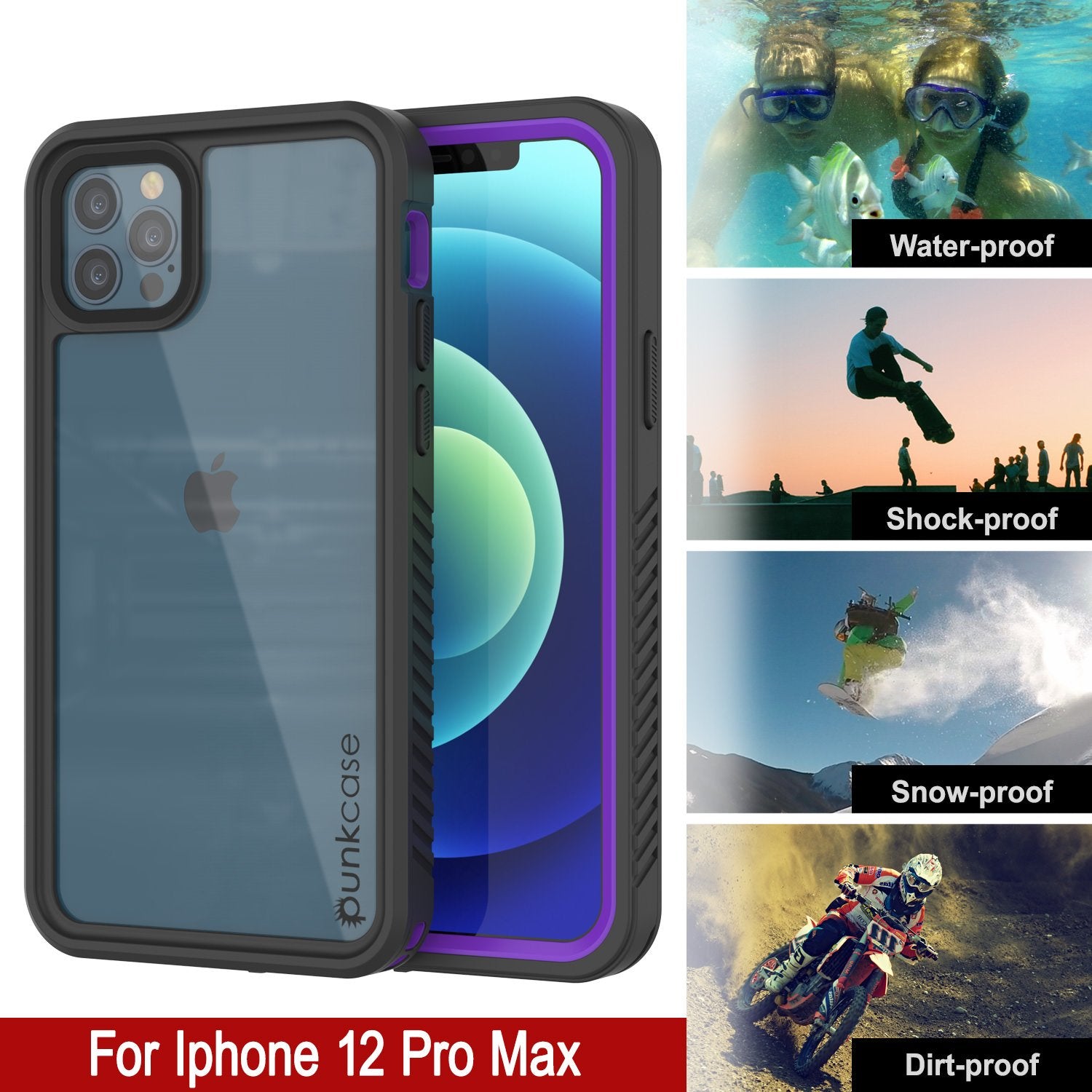 iPhone 12 Pro Max Waterproof Case, Punkcase [Extreme Series] Armor Cover W/ Built In Screen Protector [Purple]