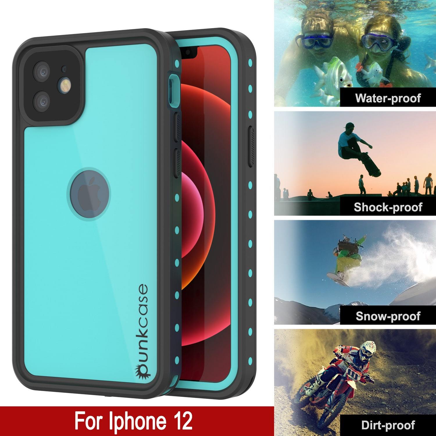 iPhone 12 Waterproof IP68 Case, Punkcase [Teal] [StudStar Series] [Slim Fit]