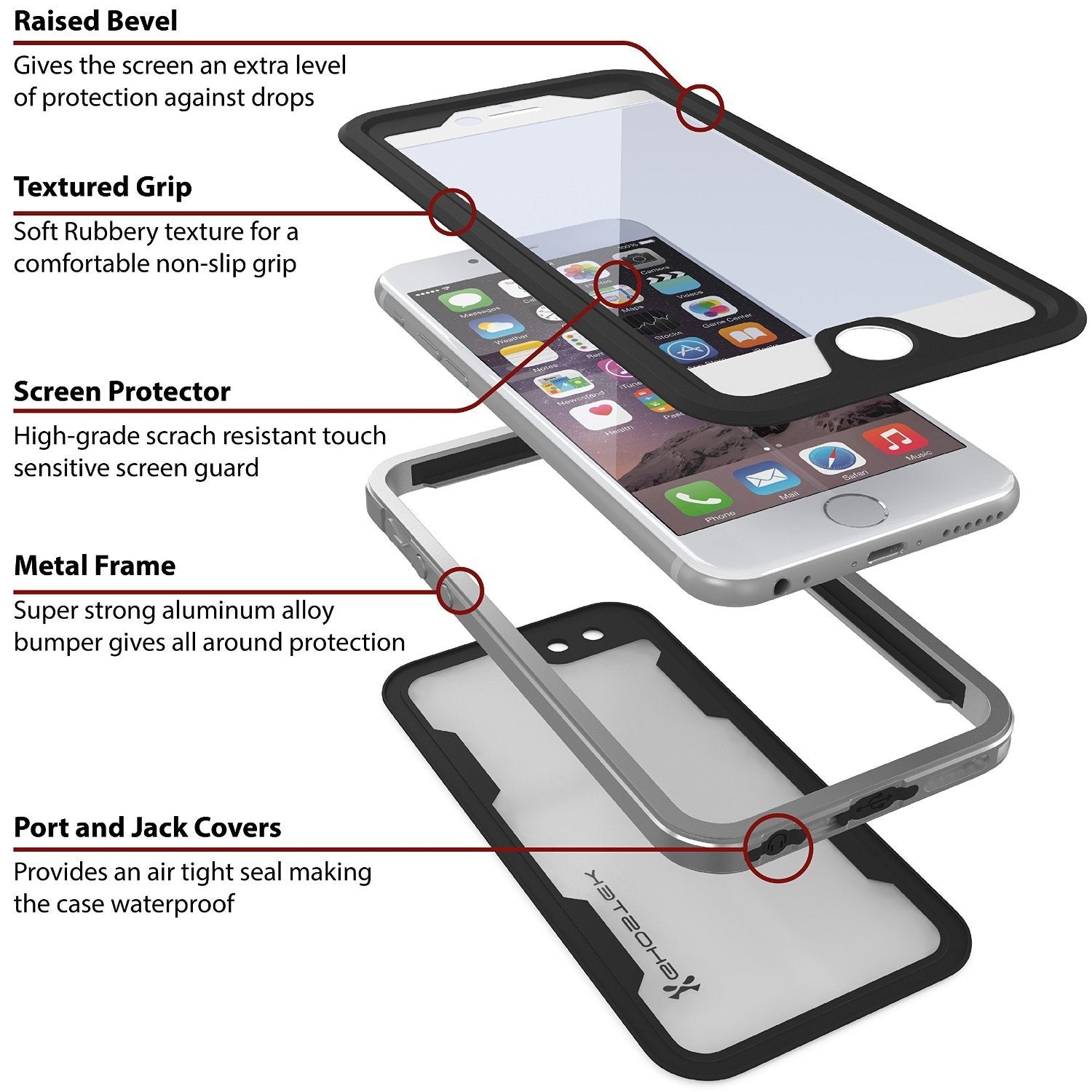 iPhone 6S+/6+ Plus Waterproof Case Ghostek Atomic 2.0 Silver w/ Attached Screen Protector | Slim - PunkCase NZ