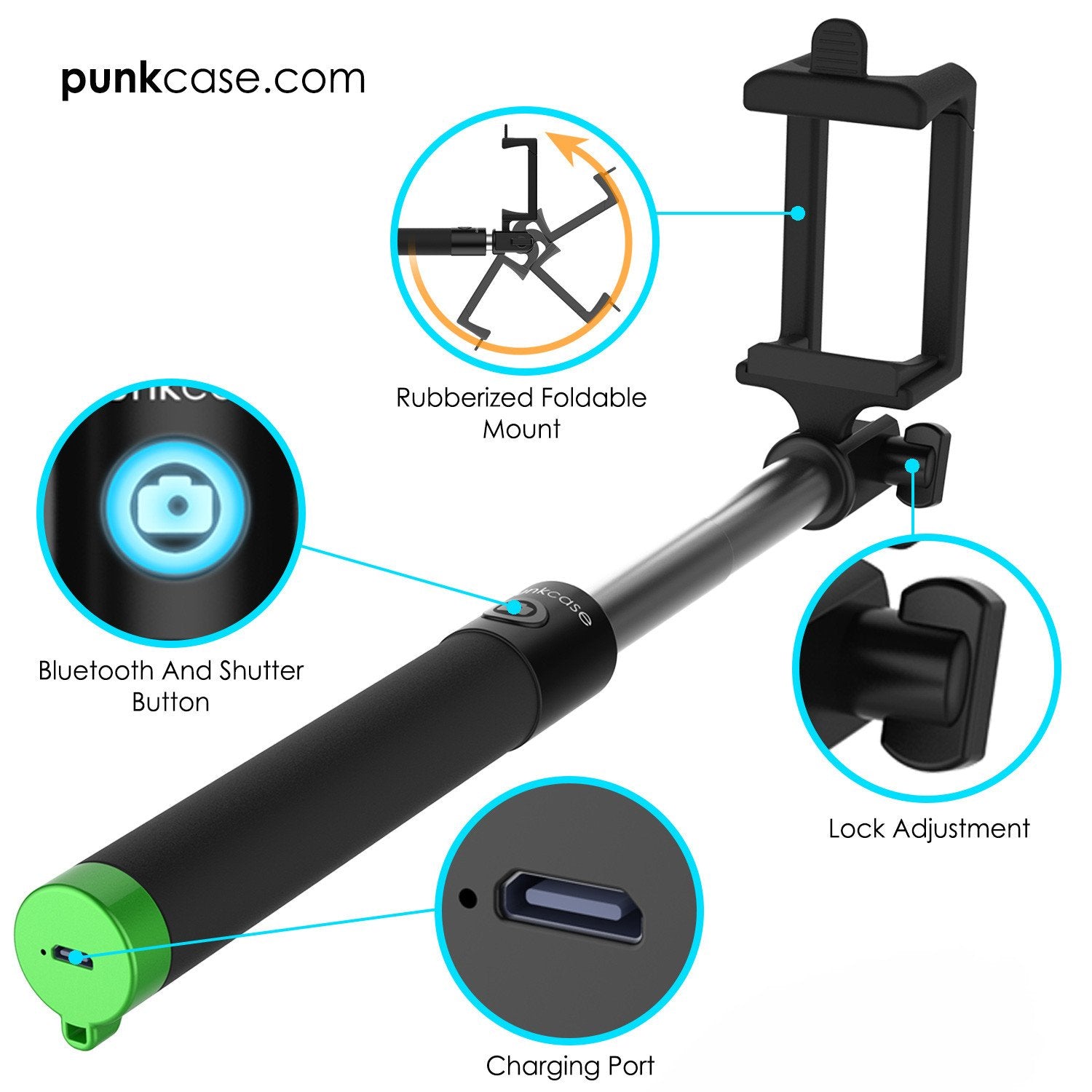 Selfie Stick - Green, Extendable Monopod with Built-In Bluetooth Remote Shutter - PunkCase NZ