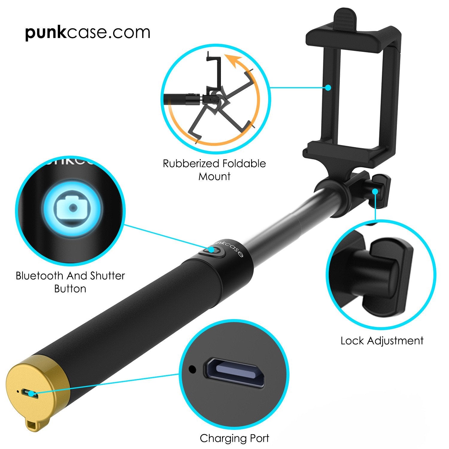 Selfie Stick - Gold, Extendable Monopod with Built-In Bluetooth Remote Shutter - PunkCase NZ