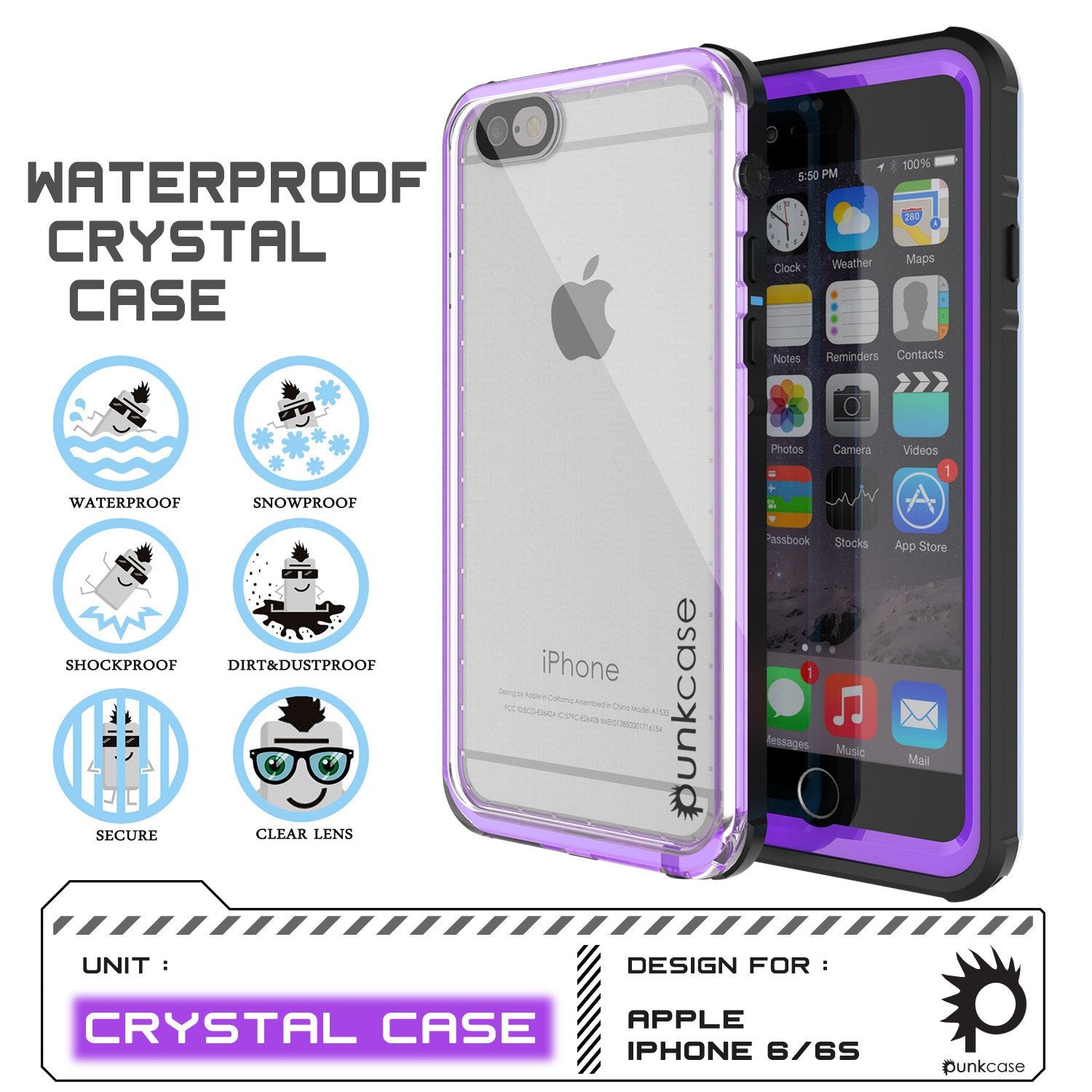iPhone 6/6S Waterproof Case, PUNKcase CRYSTAL Purple W/ Attached Screen Protector  | Warranty - PunkCase NZ