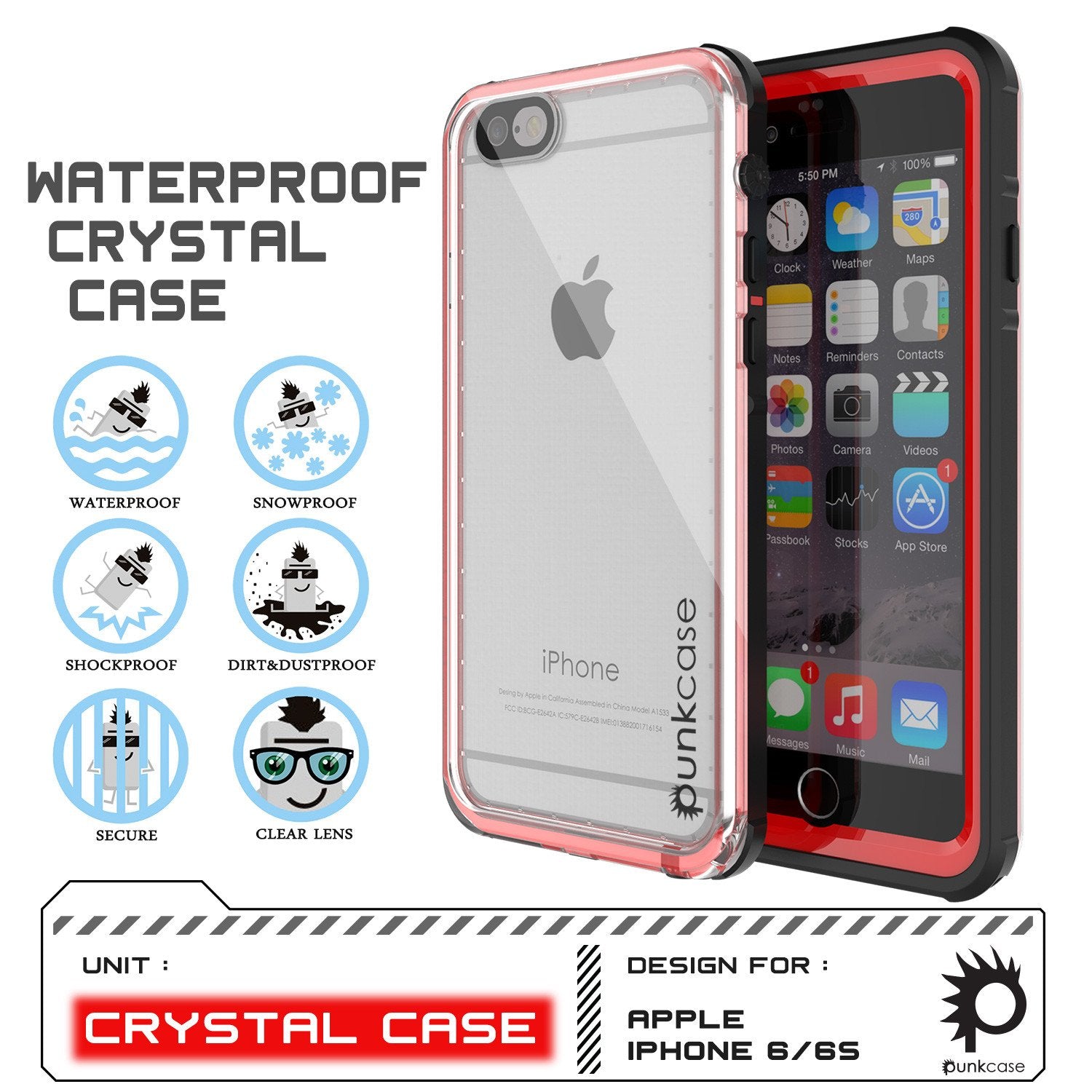 iPhone 6/6S Waterproof Case, PUNKcase CRYSTAL Red W/ Attached Screen Protector  | Warranty - PunkCase NZ