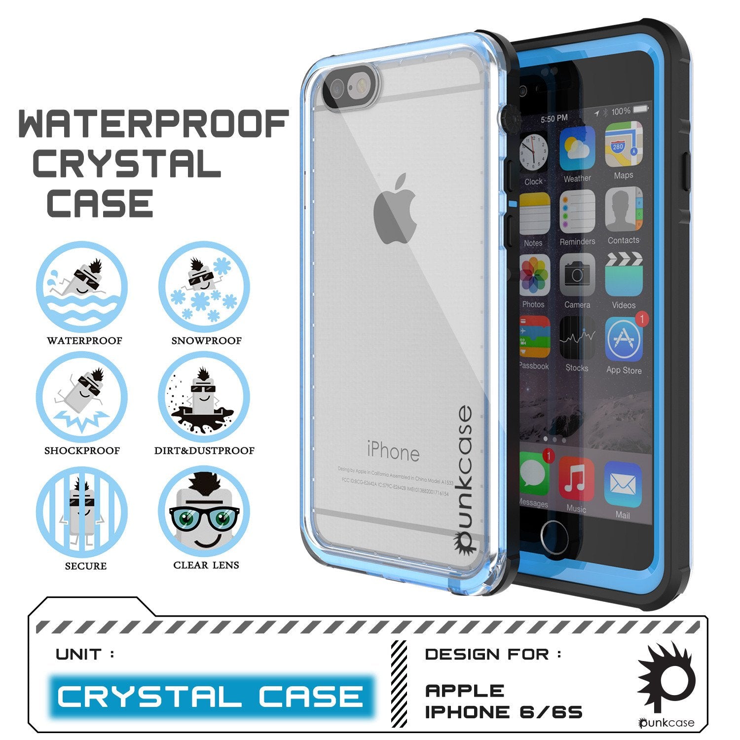 iPhone 6/6S Waterproof Case, PUNKcase CRYSTAL Light Blue  W/ Attached Screen Protector  | Warranty - PunkCase NZ