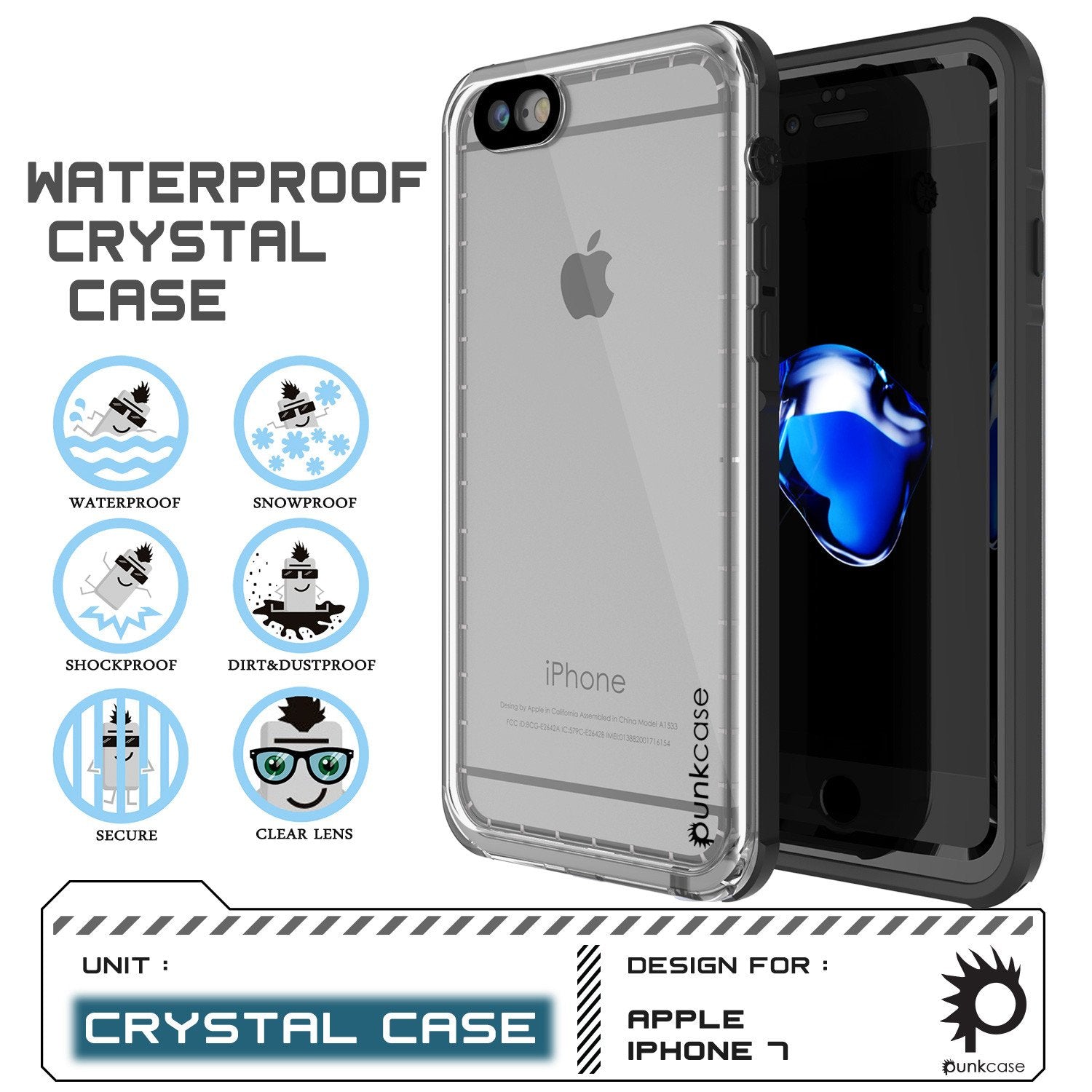 Apple iPhone 7 Waterproof Case, PUNKcase CRYSTAL Black W/ Attached Screen Protector  | Warranty - PunkCase NZ