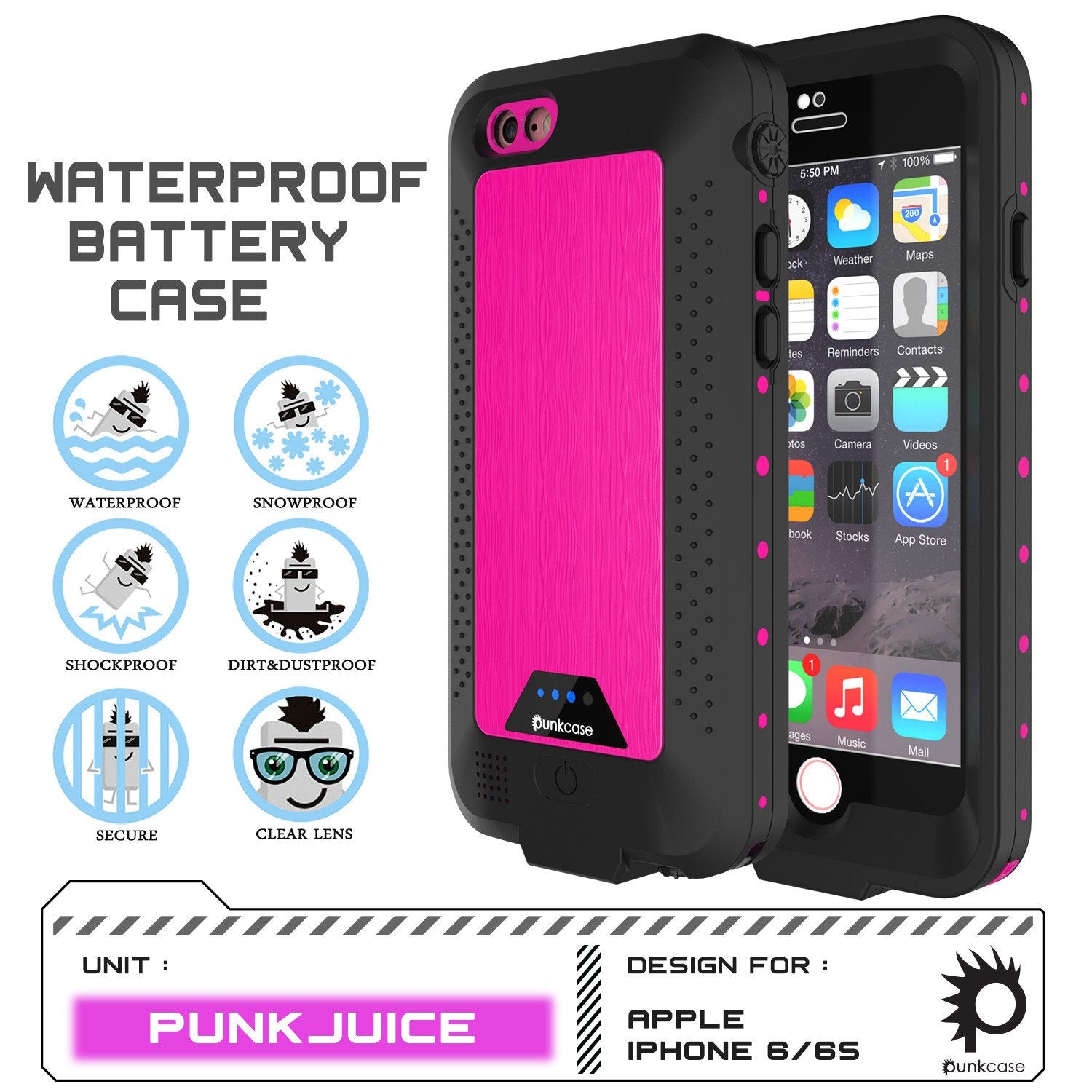PunkJuice iPhone 6+ Plus/6s+ Plus Battery Case Pink - Waterproof Power Juice Bank w/ 4300mAh - PunkCase NZ