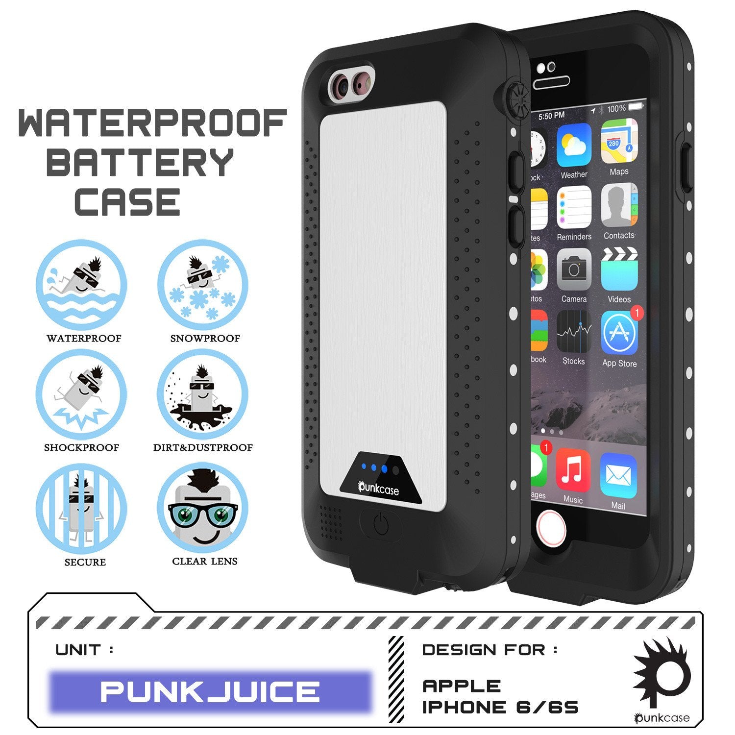 PunkJuice iPhone 6+ Plus/6s+ Plus Battery Case White - Waterproof Power Juice Bank w/ 4300mAh - PunkCase NZ