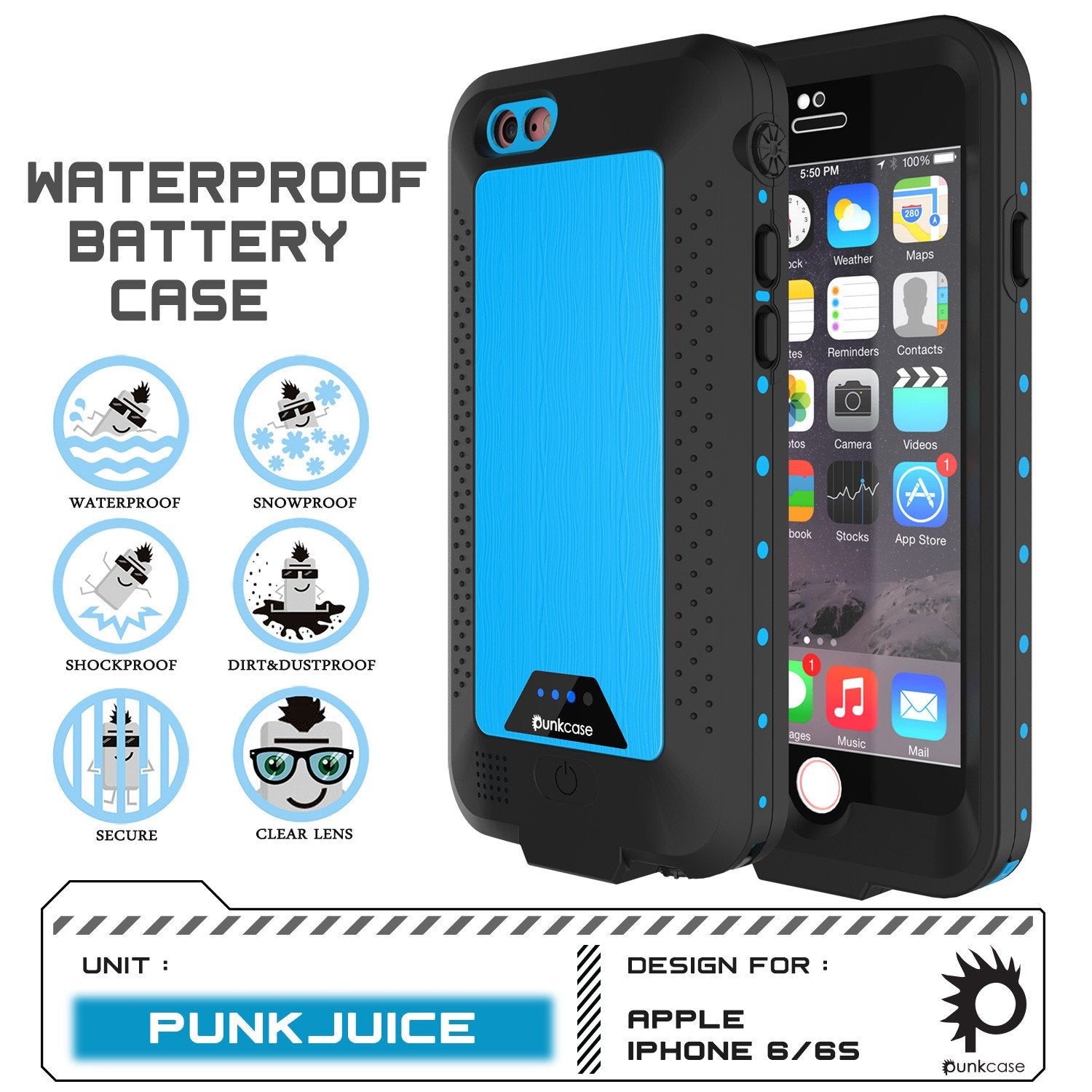 PunkJuice iPhone 6/6s Battery Case Light Blue Waterproof Power Juice Bank w/ 2750mAh  | Fastcharging - PunkCase NZ